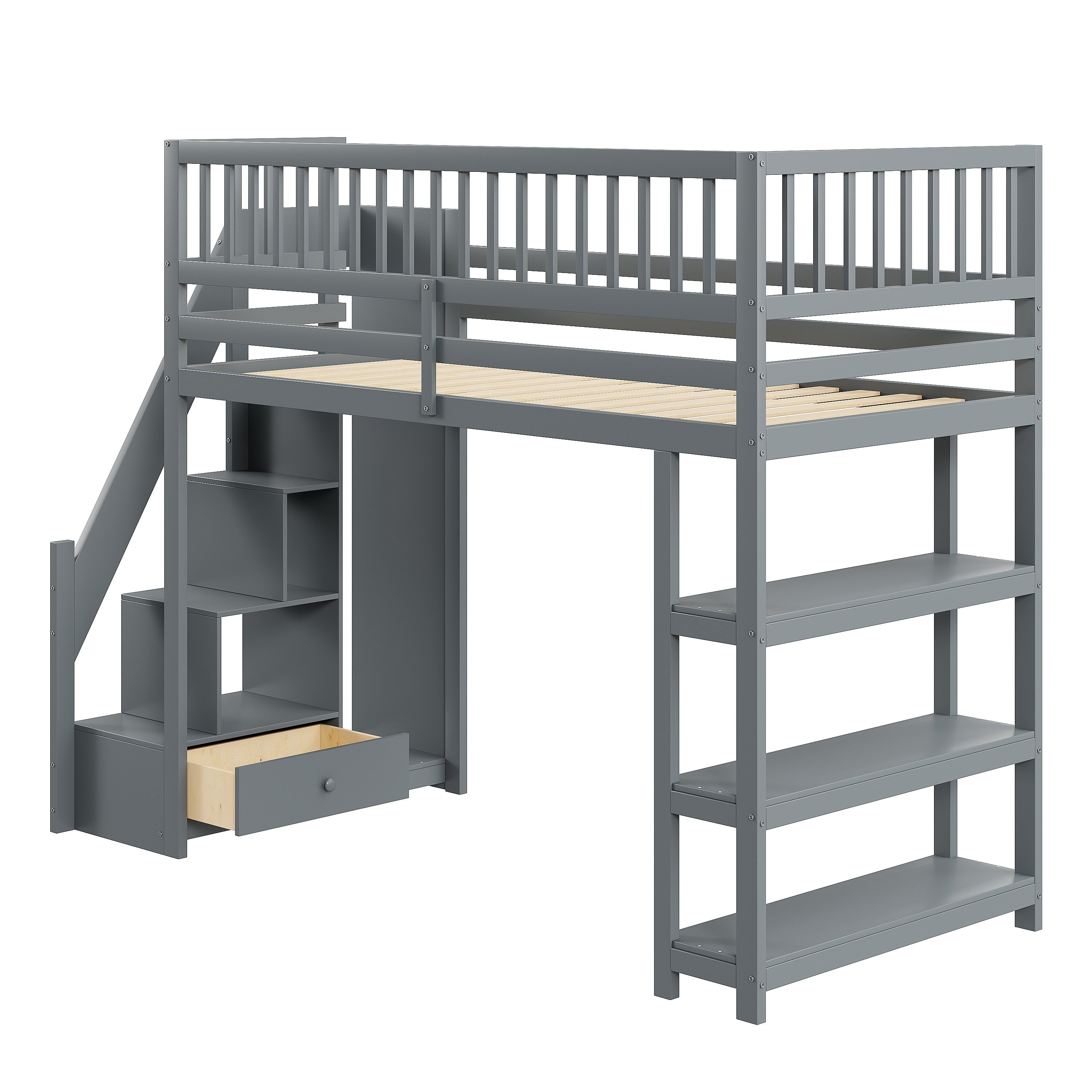 Loft Bed, 90x200 Multifunctional with Wardrobe & Storage, Grey Wooden