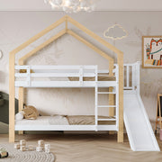 Bunk bed with slide, three-step angled ladder, safety guard, solid wood, white and natural, 90x200cm
