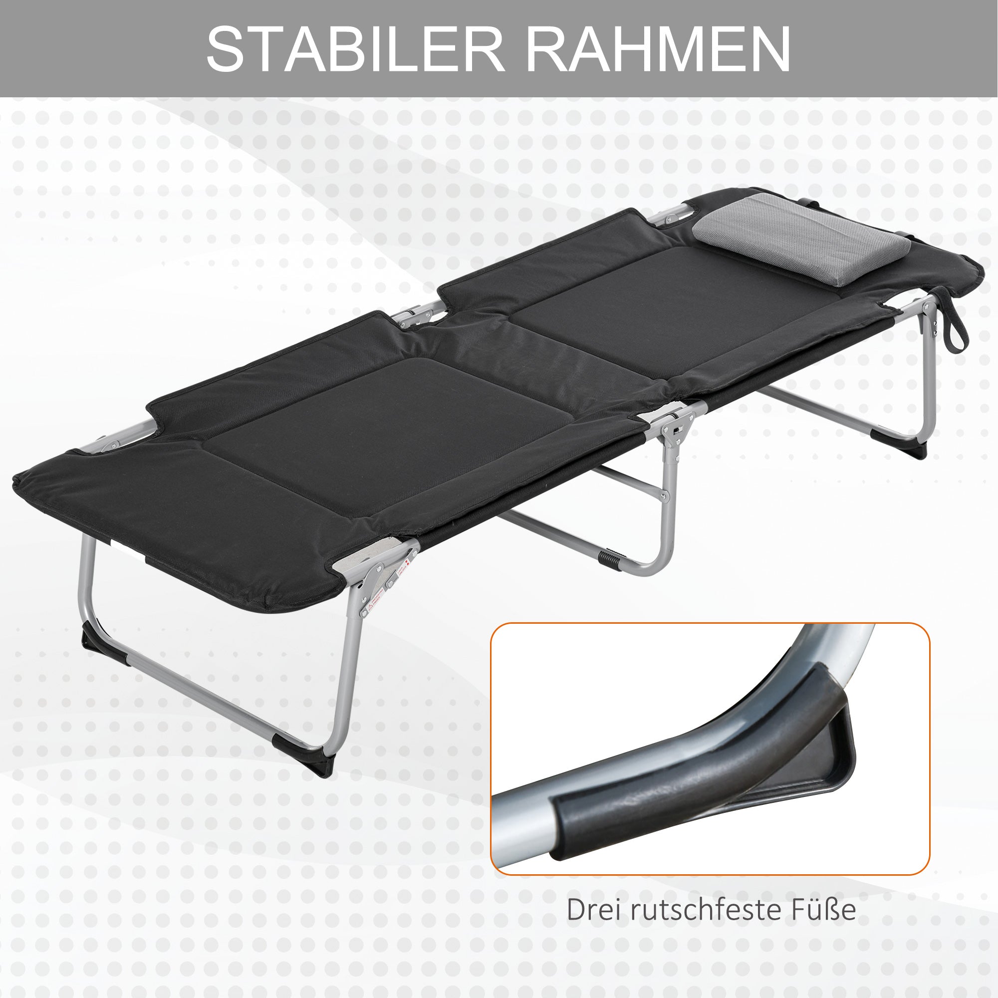 Faltbares Campingbett Leicht Tragbar mit Kissen, Schwarz Silber