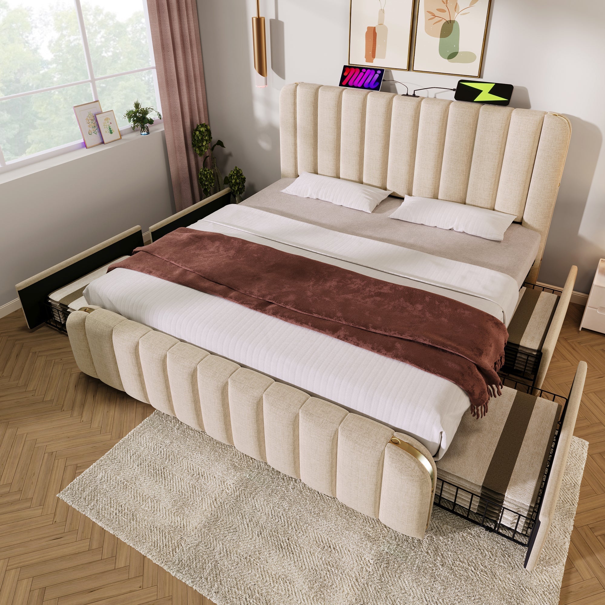 Upholstered Bed 180x200cm, Padded Headboard USB Type-C, 4 Drawers, Beige Linen