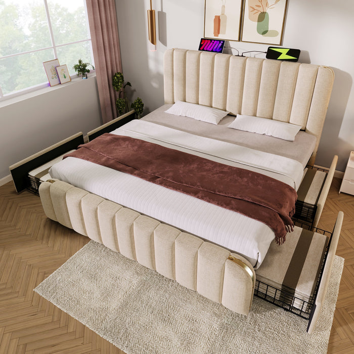 Upholstered Bed 180x200cm, Padded Headboard USB Type-C, 4 Drawers, Beige Linen