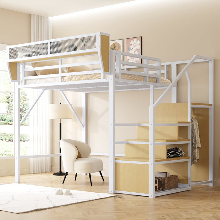 Loft Bed 140x200 Safety Ladder Storage Metal White