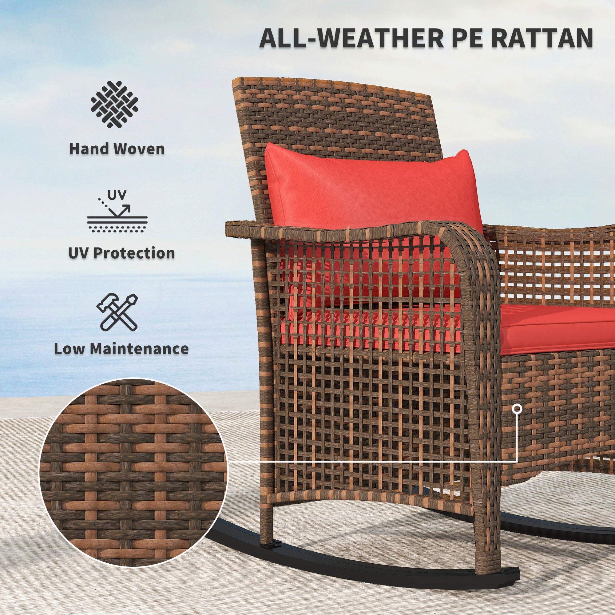 Rattan Rocking Chair Outdoor with Curved Base & Steel Frame, Red