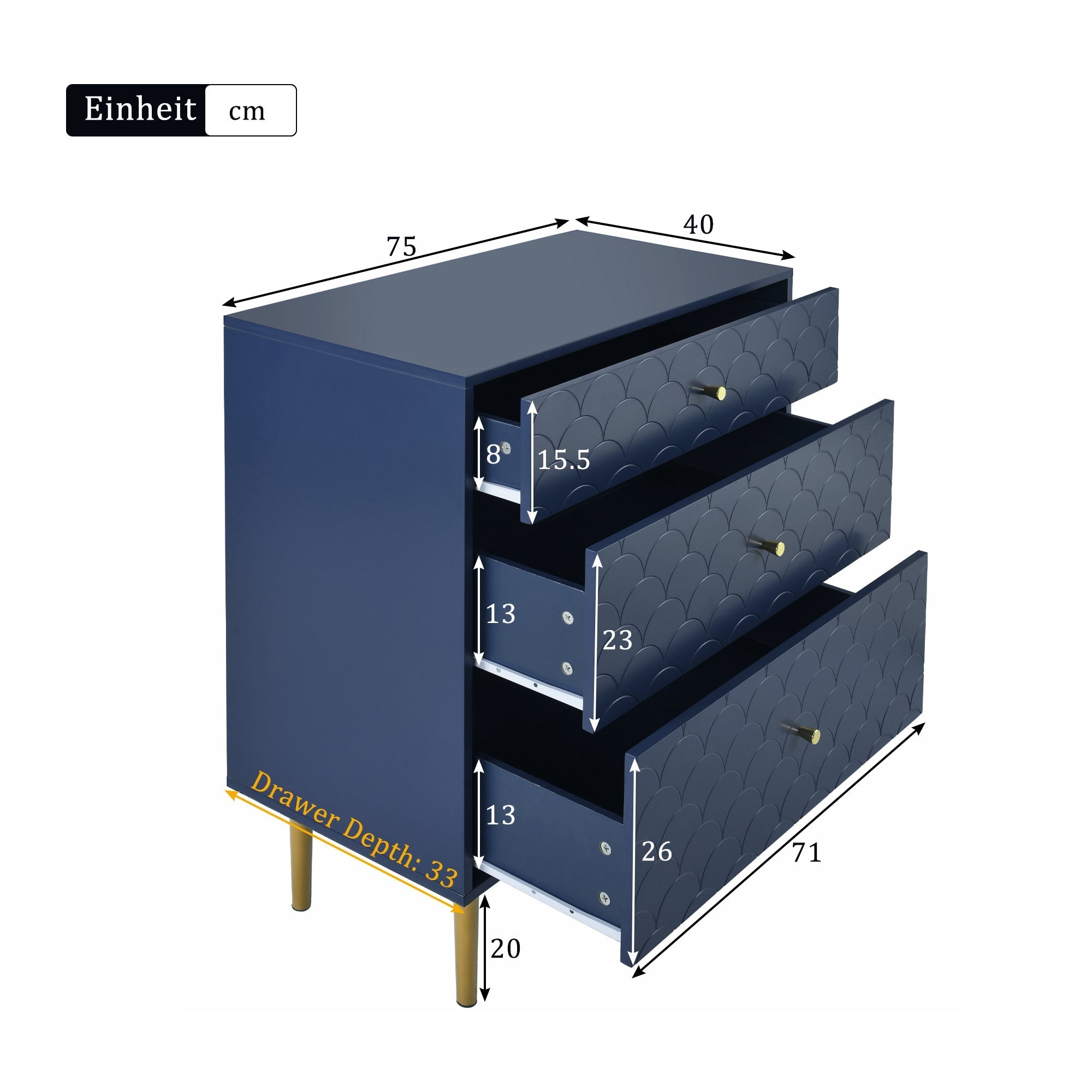 Chest of Drawers 3-Drawer Sideboard Highboard - Navy Blue
