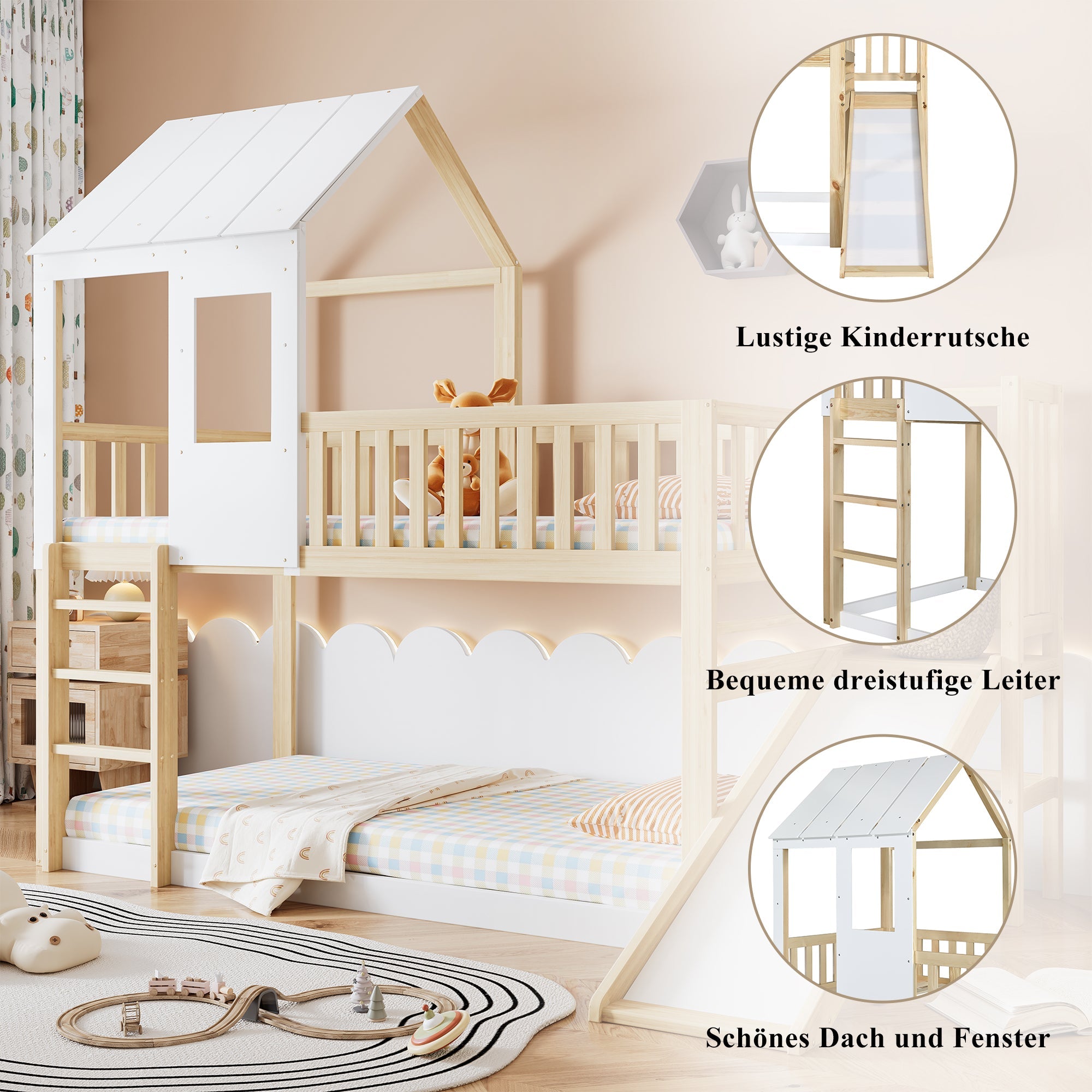 Bunk Bed with Ladder, Slide, Roof & Window, Pine Wood, Natural + White