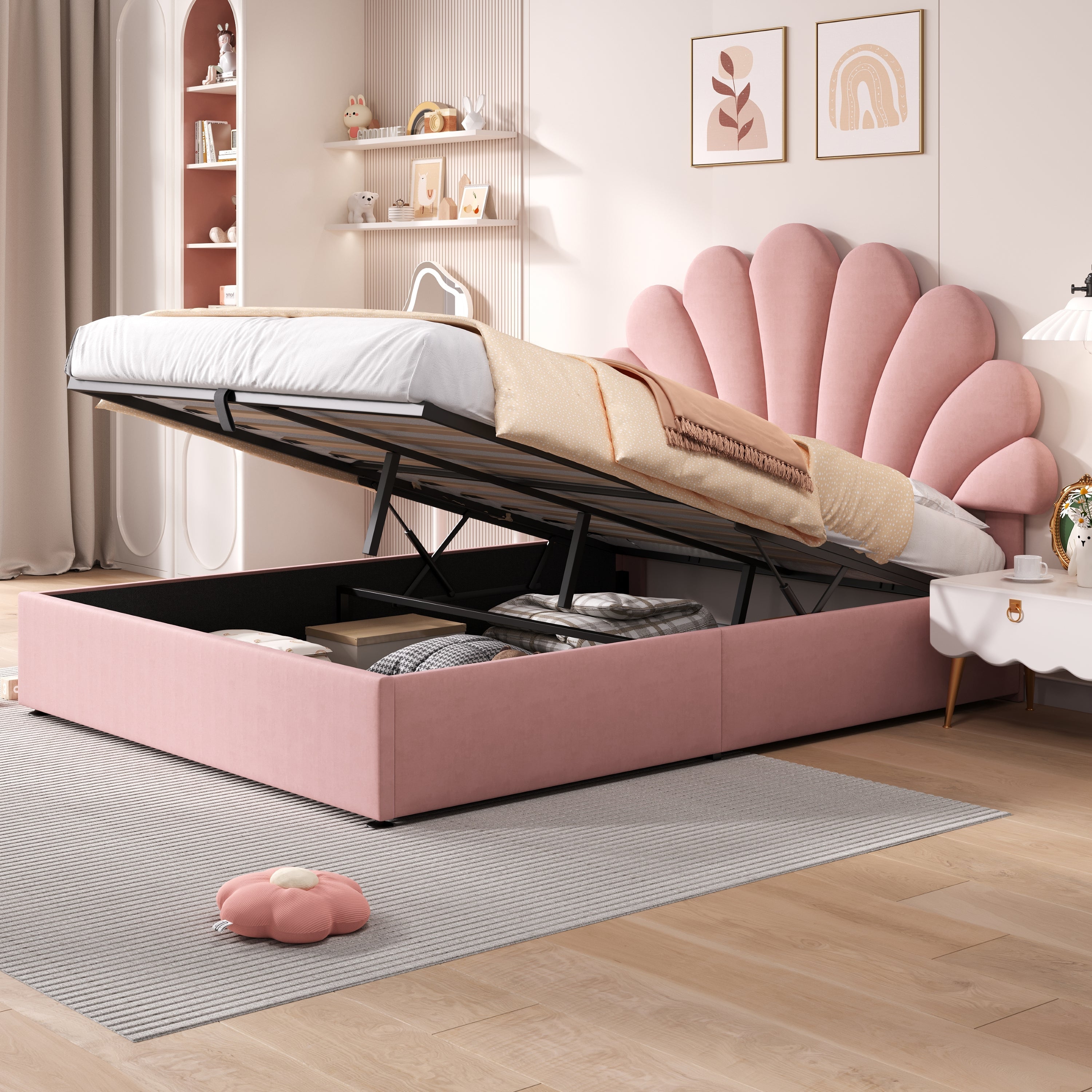 4ft6 Double Upholstered Hydraulic Bed with Adjustable Petal Headboard, Solid Wood Slat, Pink Velvet