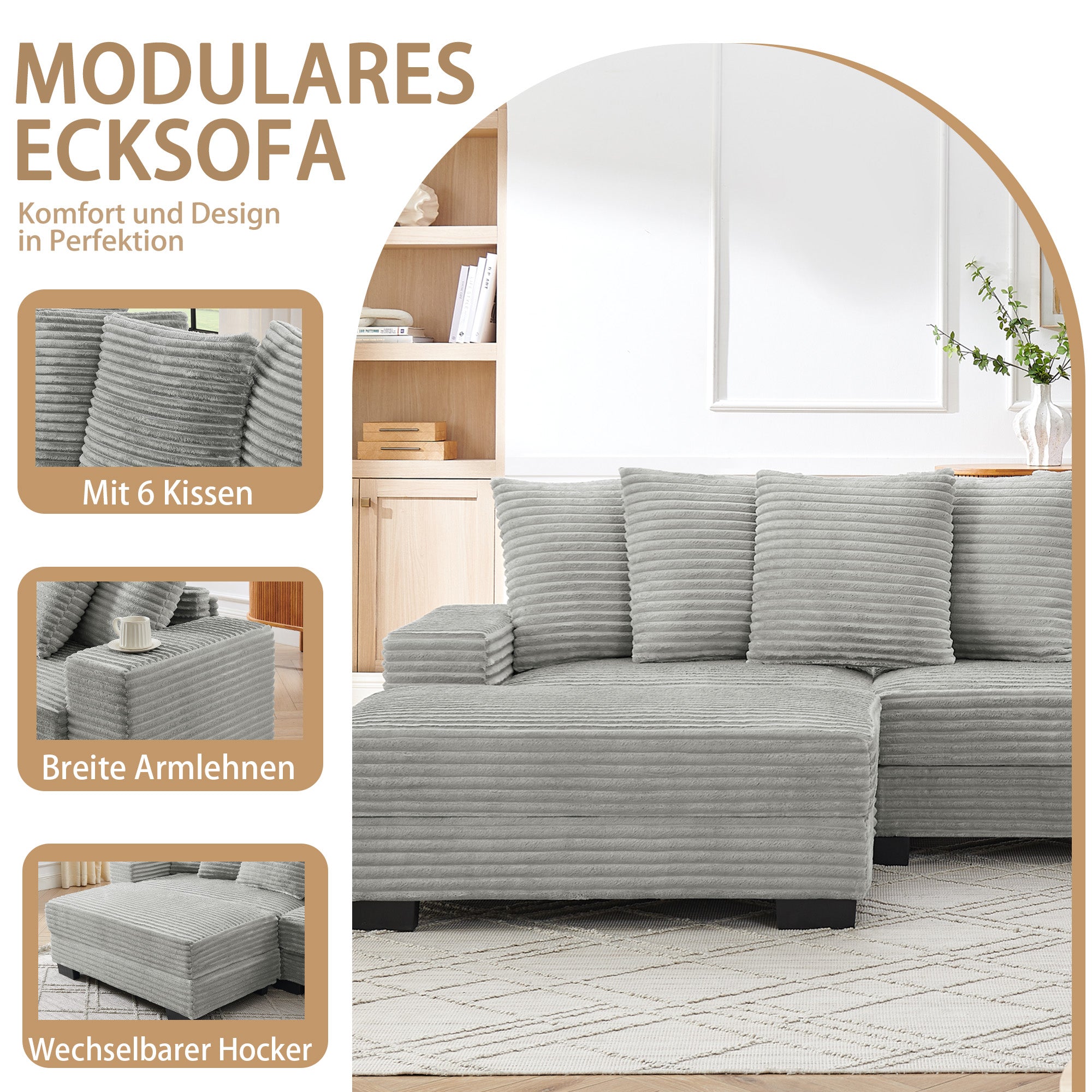 L-shaped Corner Sofa 4-Seater Modular Corduroy with 6 Cushions - Gray