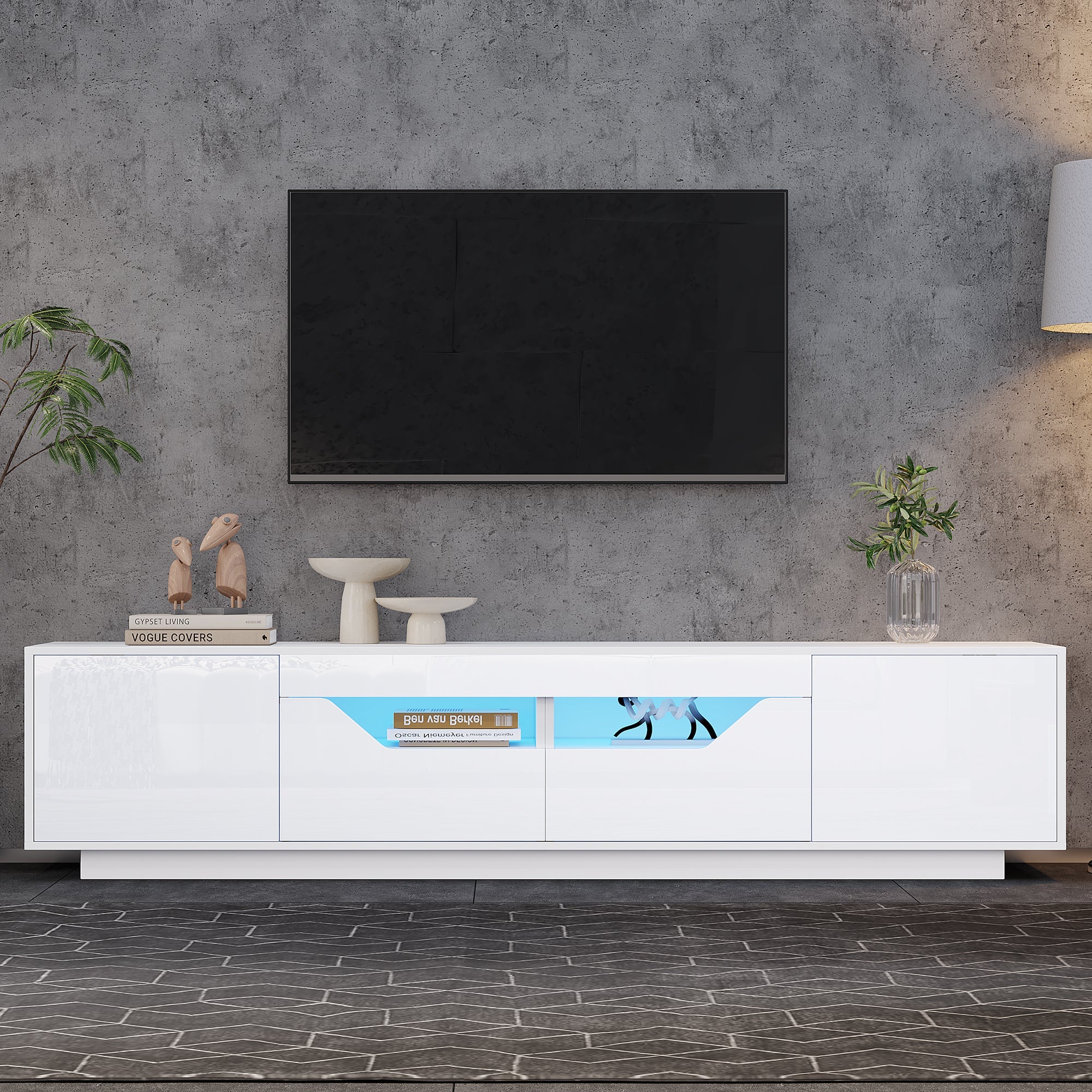TV Stand Lowboard 180cm 75-inch TV LED Lights High-Gloss White