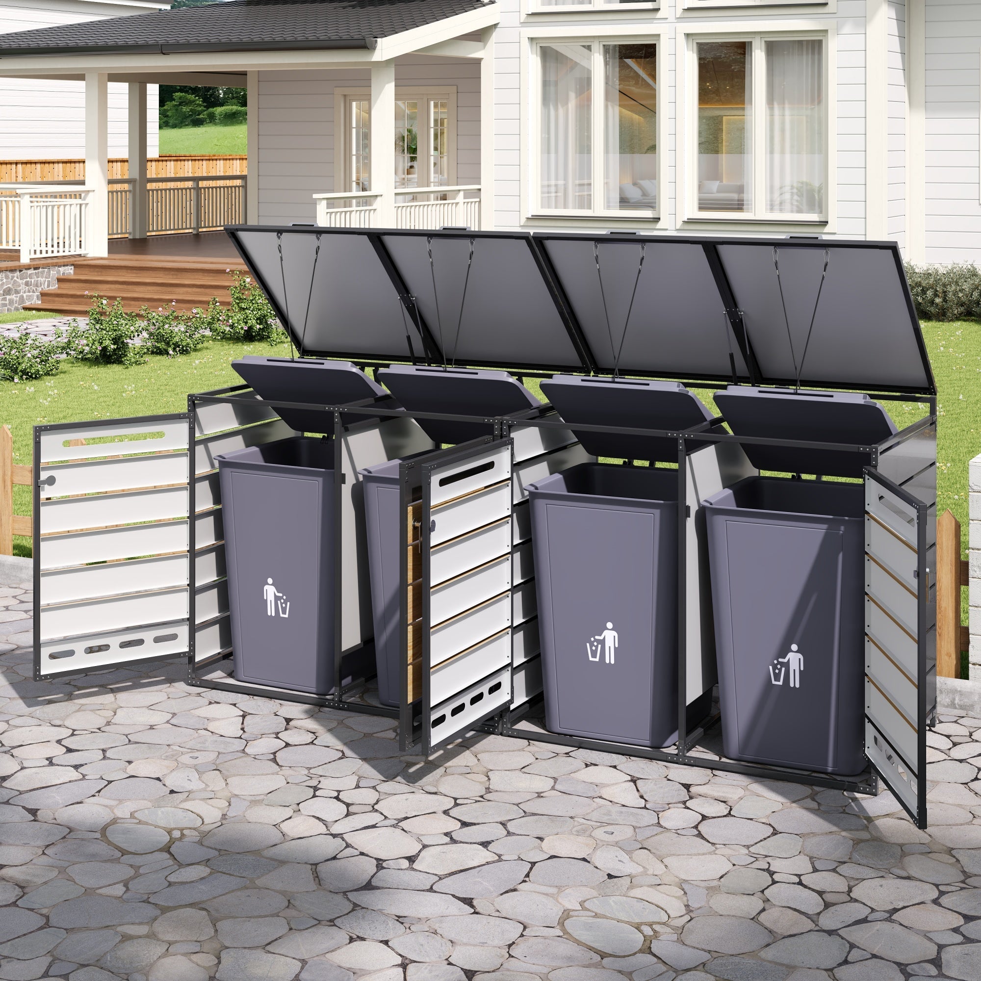 4-Bin Storage Unit with Hydraulic Lids and Slotted Ventilation, Iron and Wood-Look Cladding