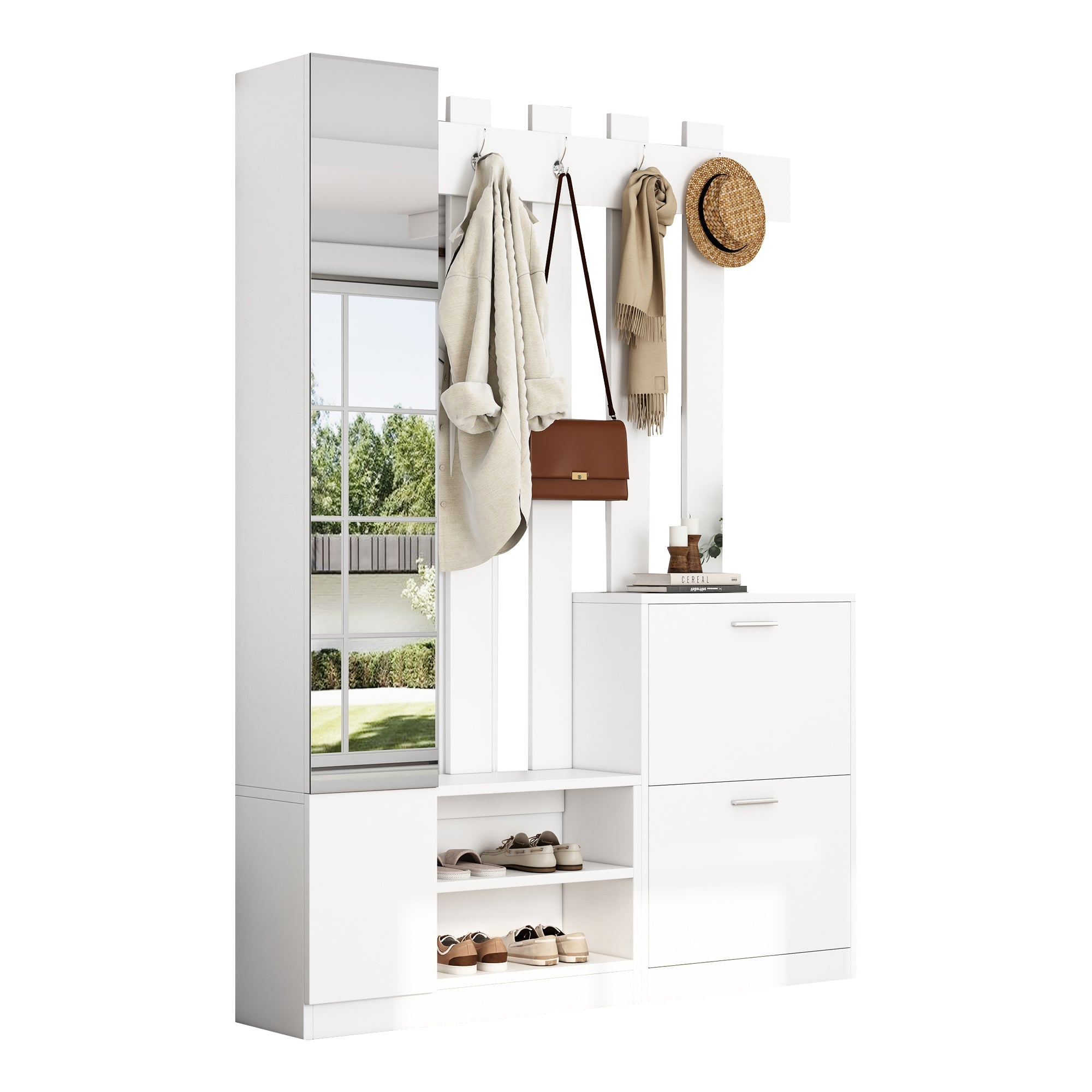 Wardrobe Set 135x25x180cm Mirror Shoe Cabinets Storage - White