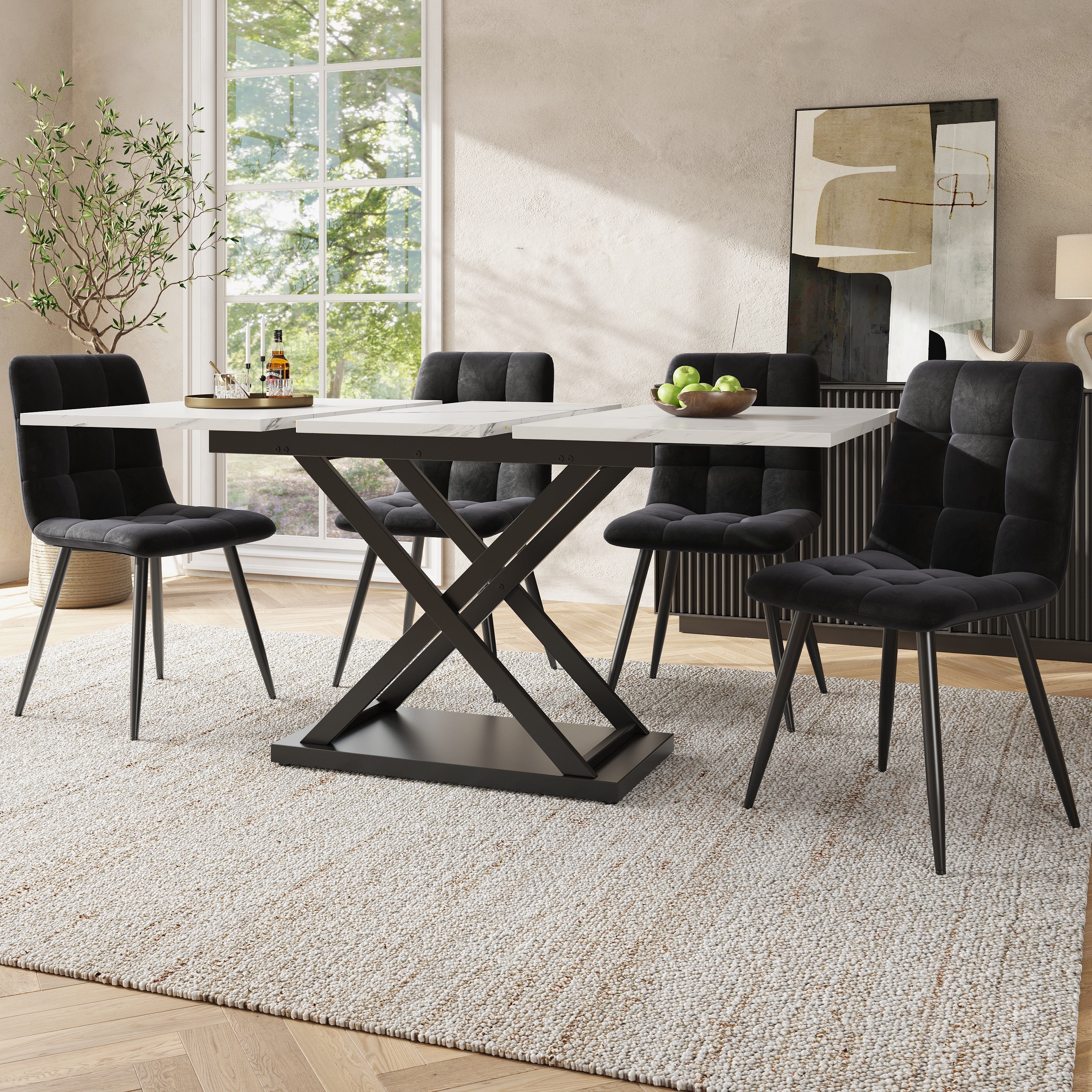 Dining Set 5-Piece Extendable Table 160cm 4 Chairs - White Marble/Black Velvet