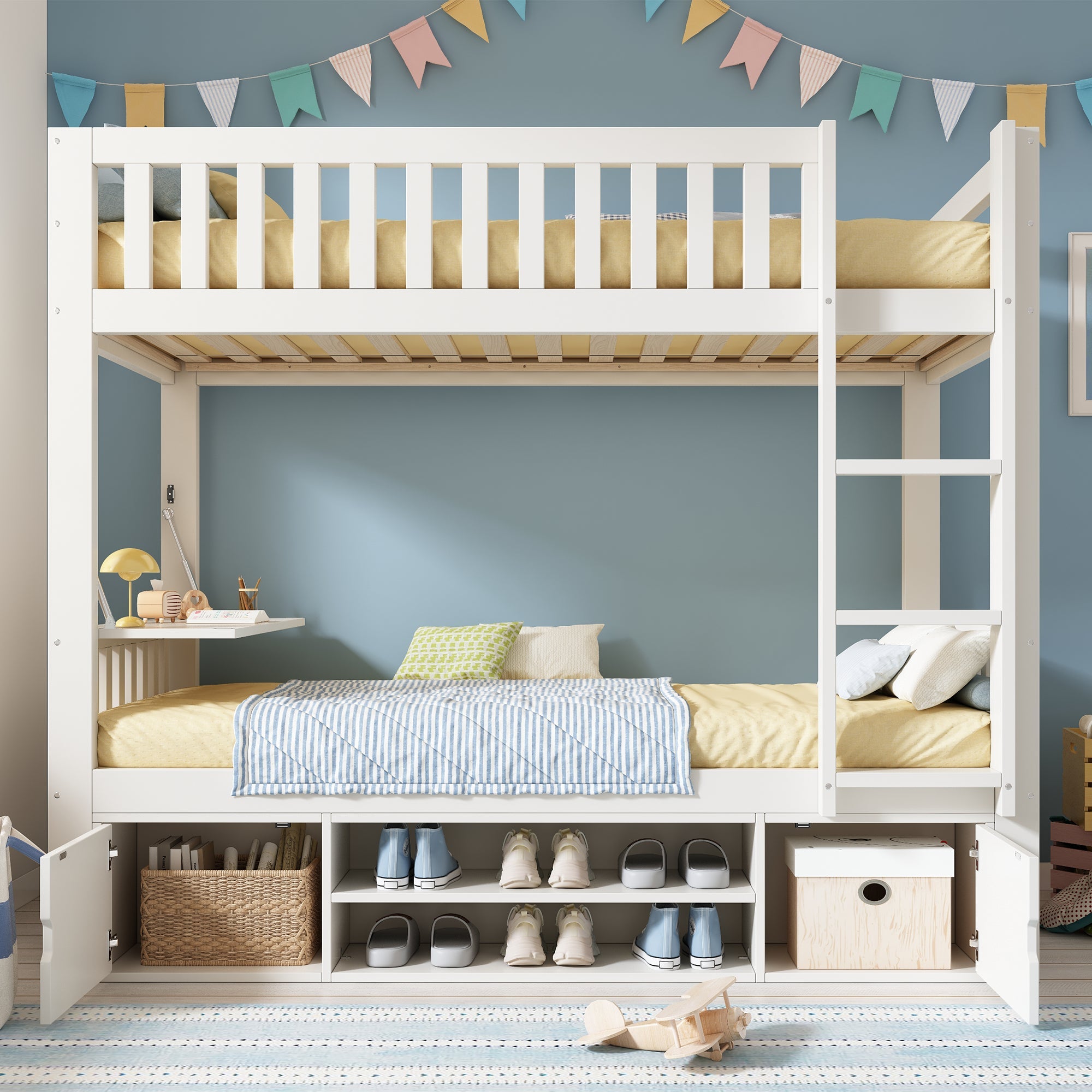Children's Loft Bed 90x200cm with Fold-down Tabletop and Integrated Shoe Rack, White
