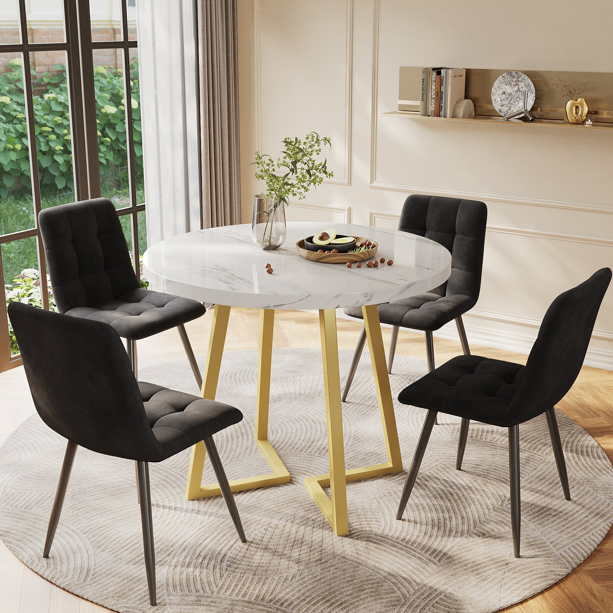 Dining Table Set (5-piece) Round 80cm Kitchen Table White MDF, Gold Metal/Black Velvet