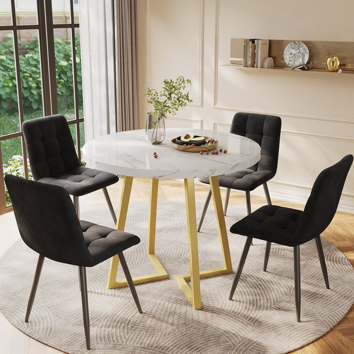 Dining Table Set (5-piece) Round 80cm Kitchen Table White MDF, Gold Metal/Black Velvet
