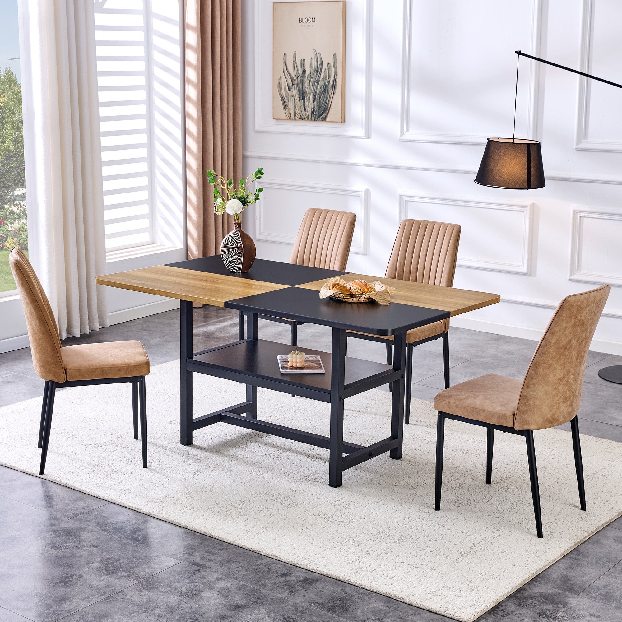 Dining Set Minimalist Glass Table Ø85cm 4 High-Tech Fabric Chairs - Brown