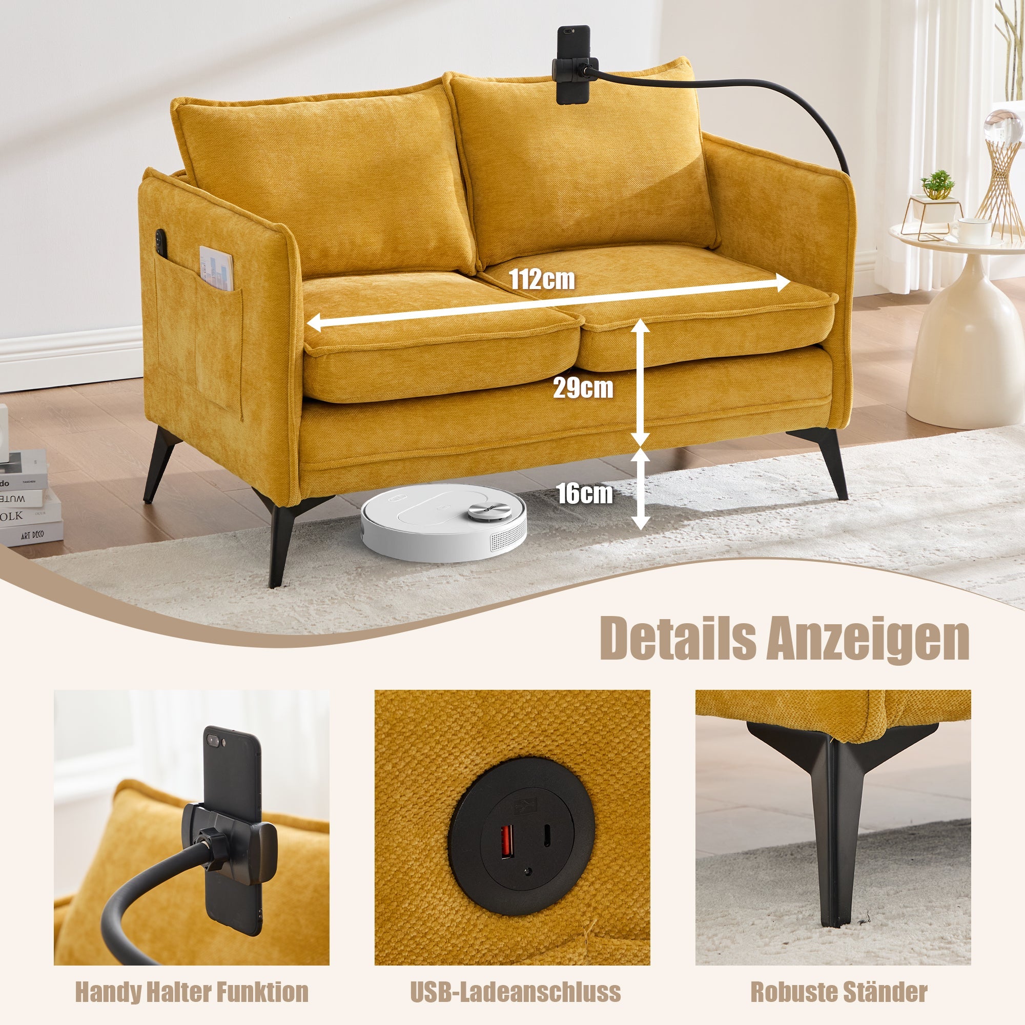 Modern Double Sofa with Storage Side Pocket and Adjustable Phone Holder, Fabric