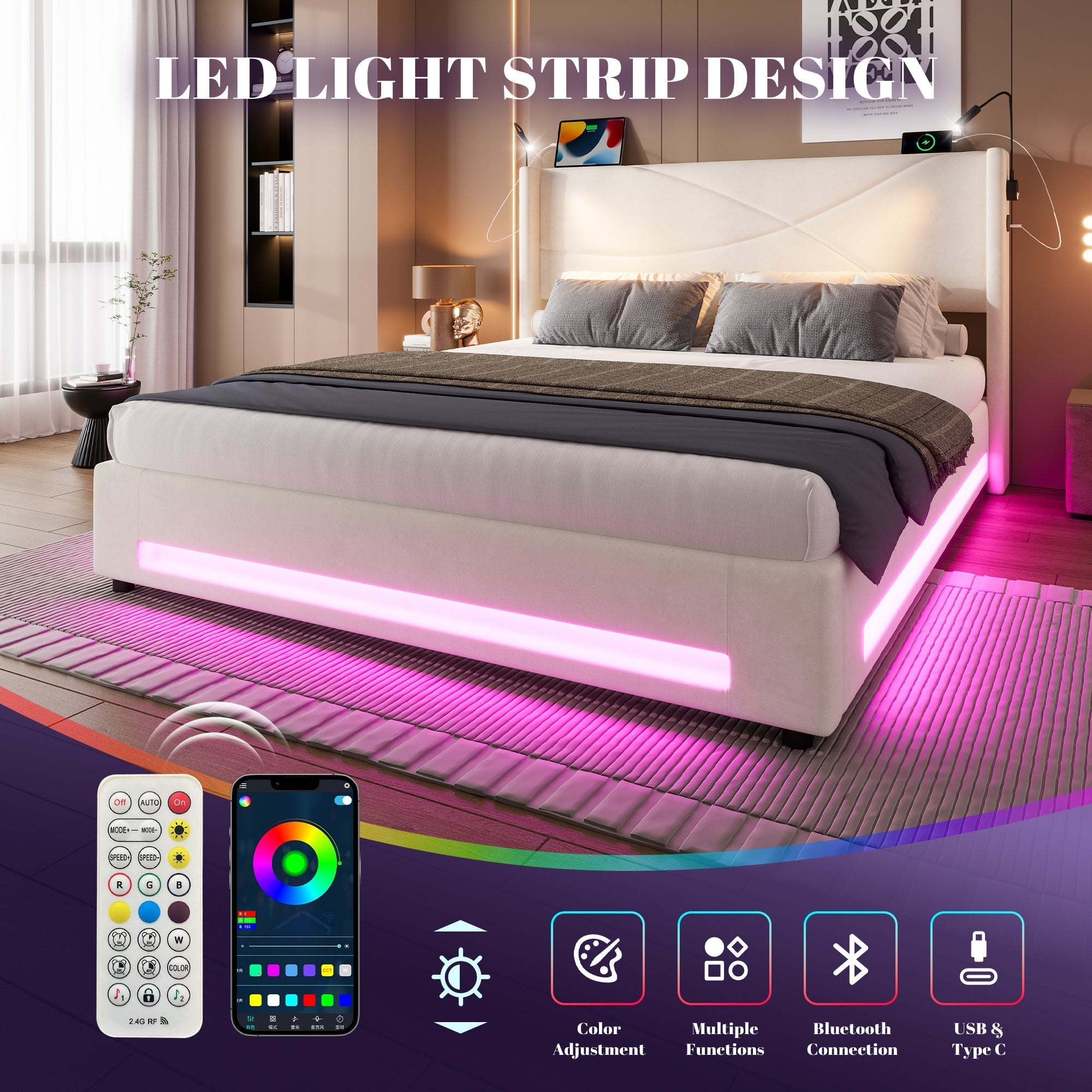 Modern Bed Frame with Integrated Reading Lamps, LED Lighting, Storage Base, USB/Type-C Ports - Beige