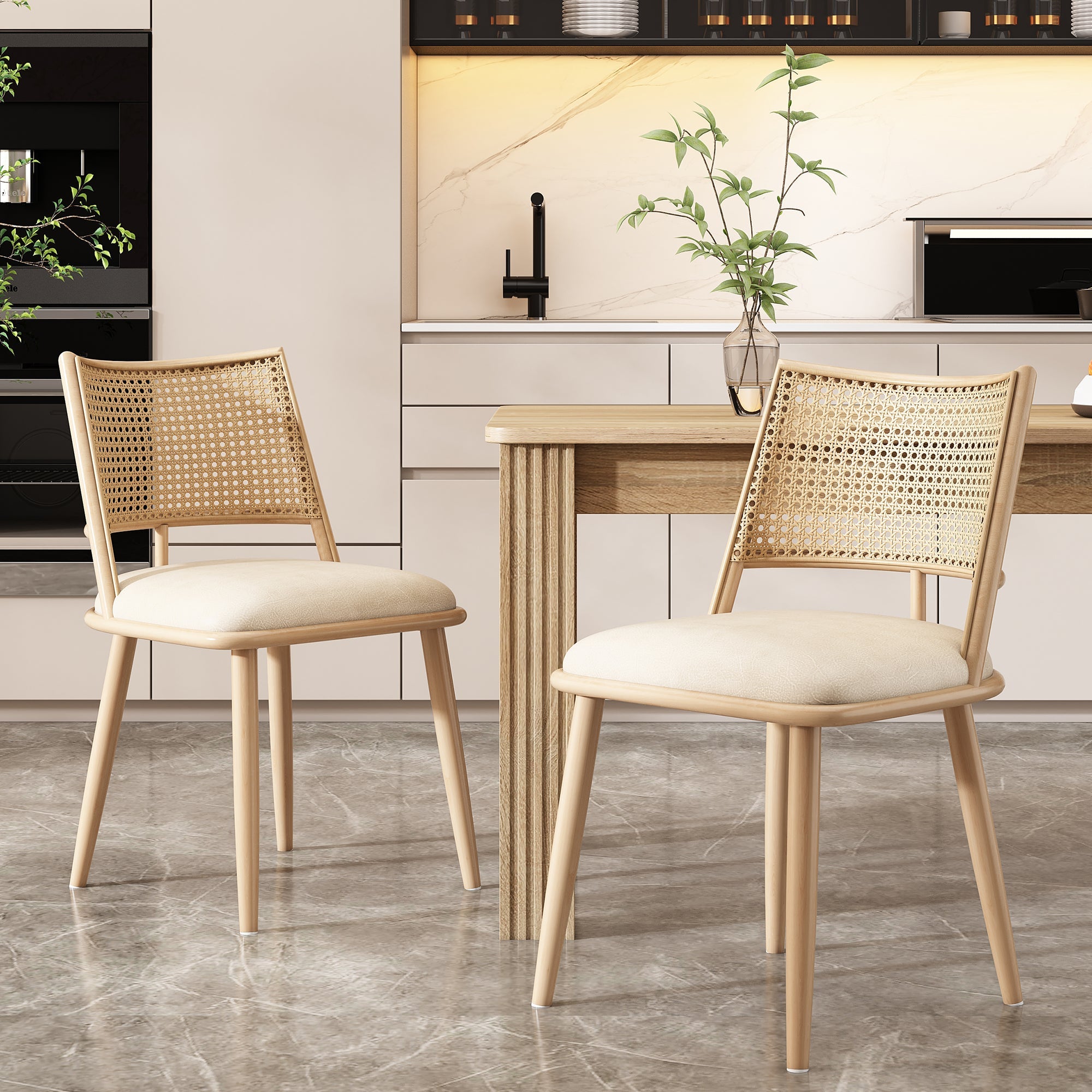Set of 4 Bamboo Kitchen Chairs, PU Seat Rattan Backrest Armchair, Beige