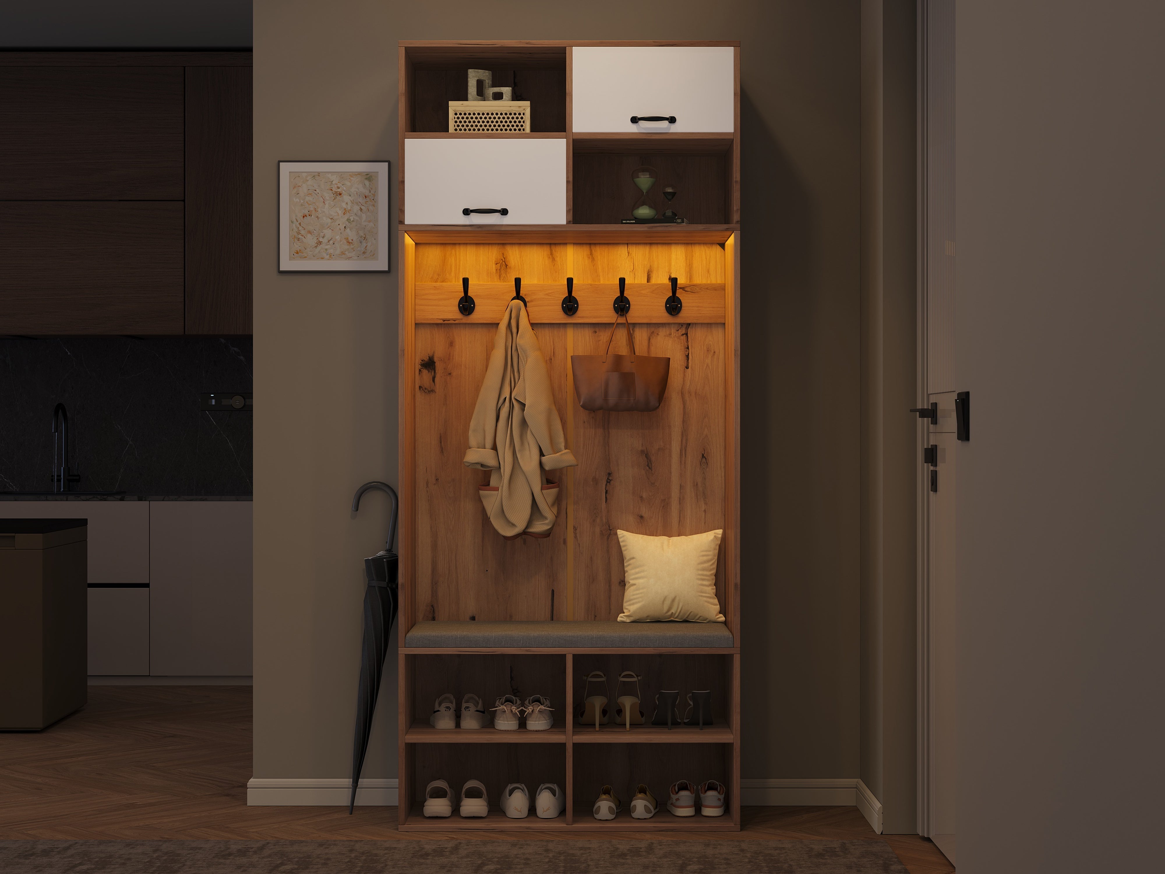Wardrobe Set Hallway Bench 5 Hooks 2 Doors 6 Storage 80x185x35cm, Natural Wood/White