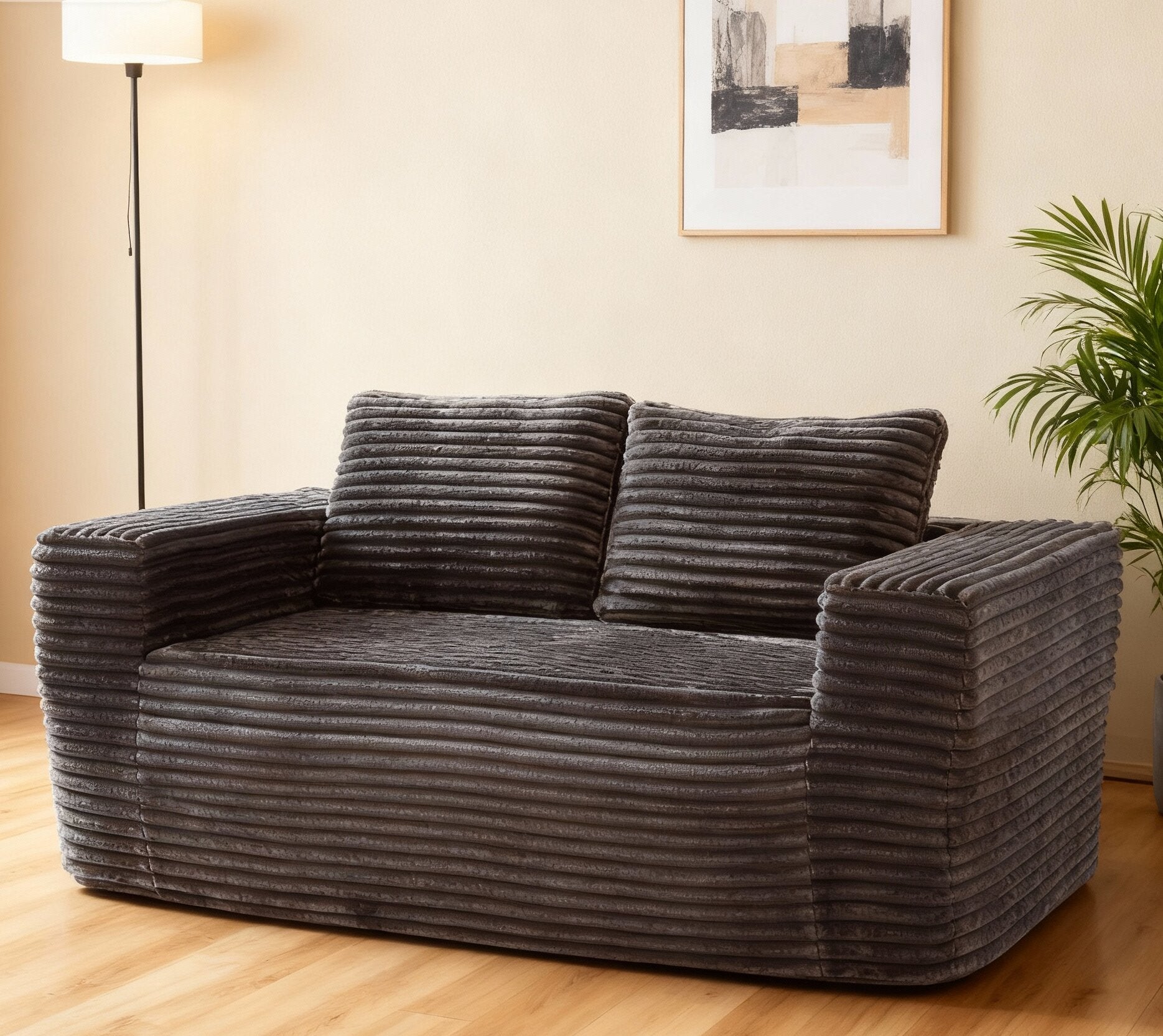 Boneless Deep Seat Couch 2-Seater No Assembly Foam Floor Corduroy - Gray