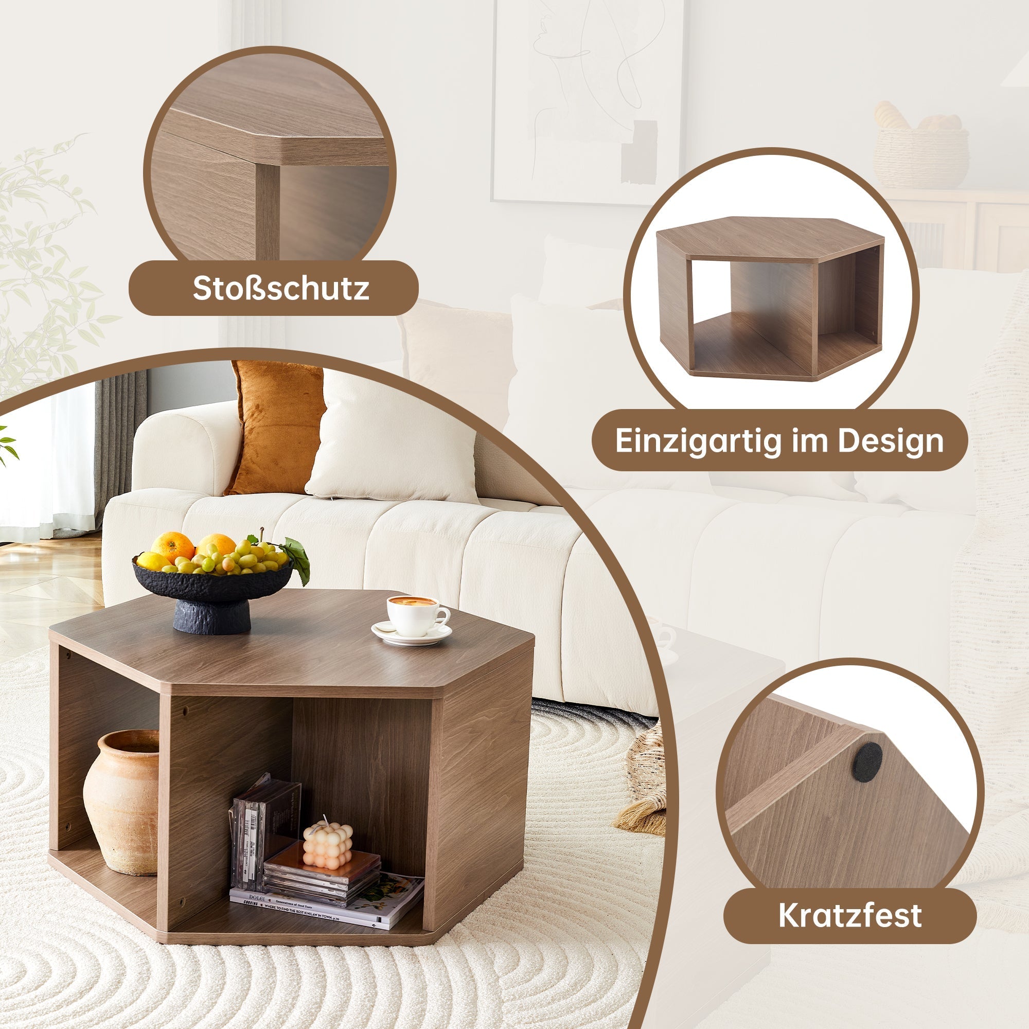 Hexagonal Coffee Table Multifunctional Modern Design 79x69.4x40 cm