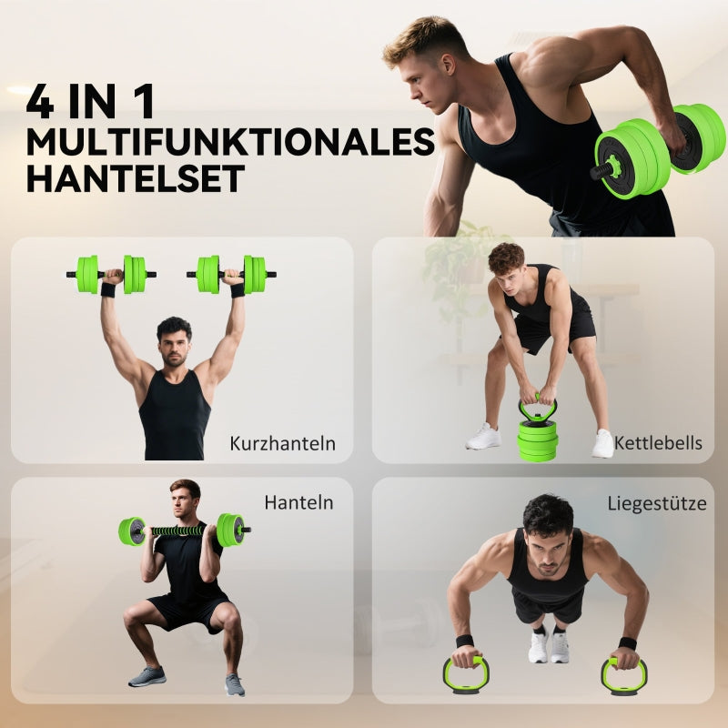4 in 1 Dumbbell Set 20kg Adjustable Barbell Kettlebell Push-up Handles - Green