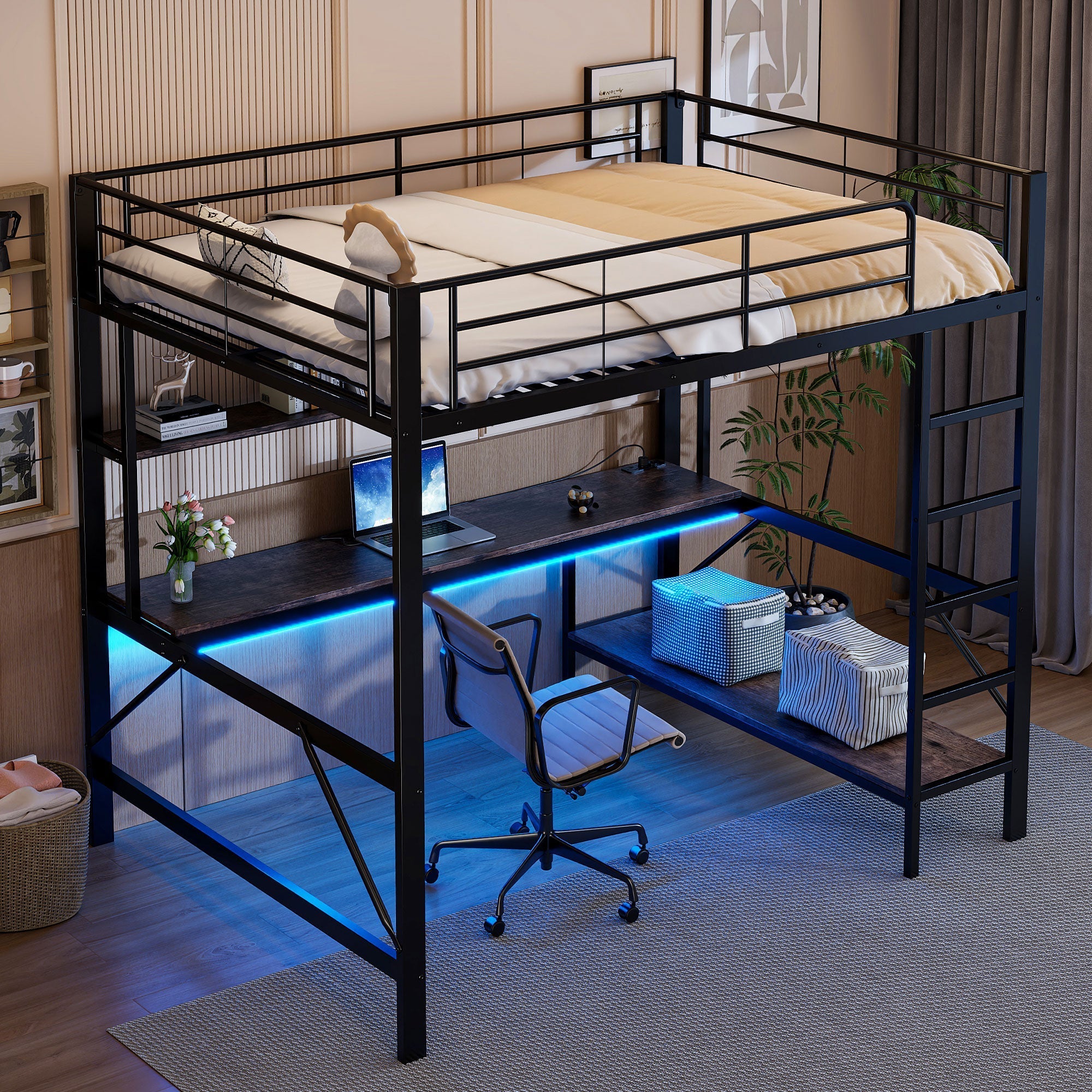 Loft Bed 140x200cm Desk LED USB/Power Outlet Shelf - Metal Black