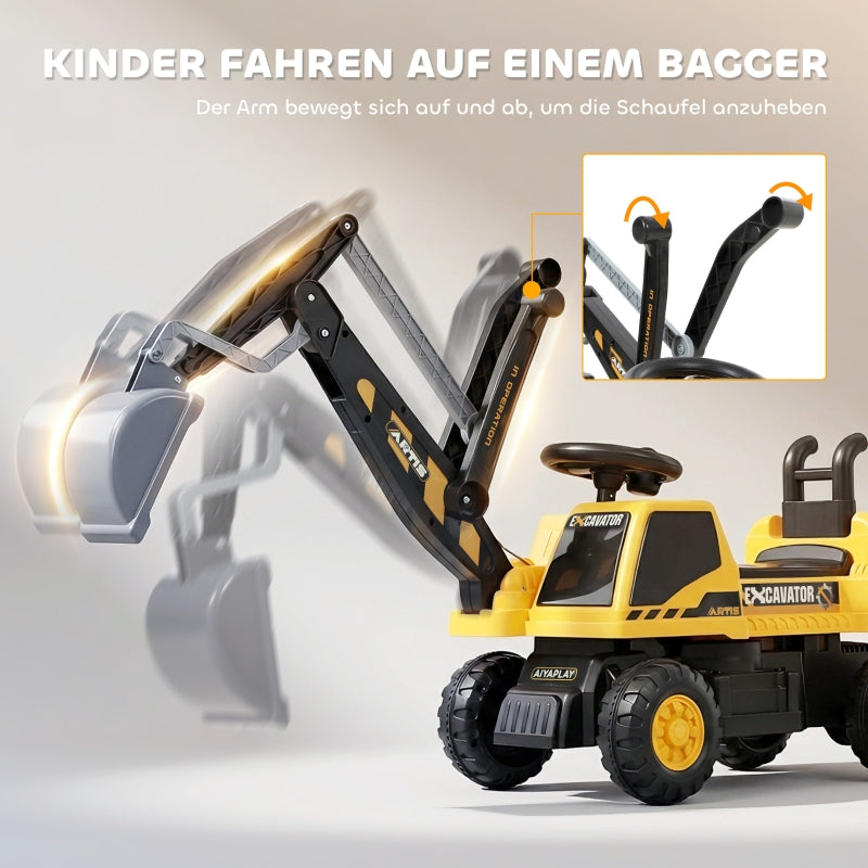 Ride-on Excavator with Shovel, Steering Wheel and Backrest for Kids, Yellow