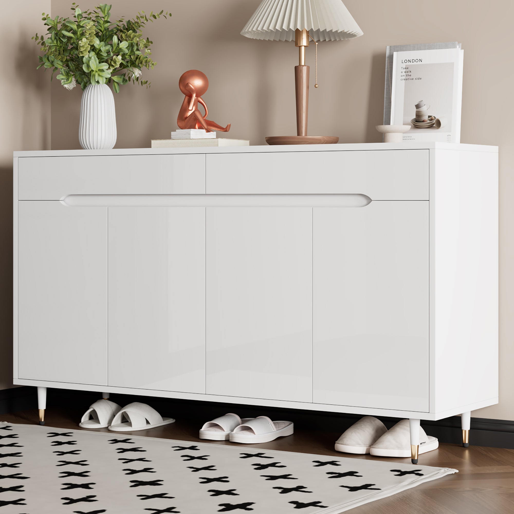 Modern Shoe Cabinet, 2 Doors 2 Drawers Adjustable Shelves, Gold Legs