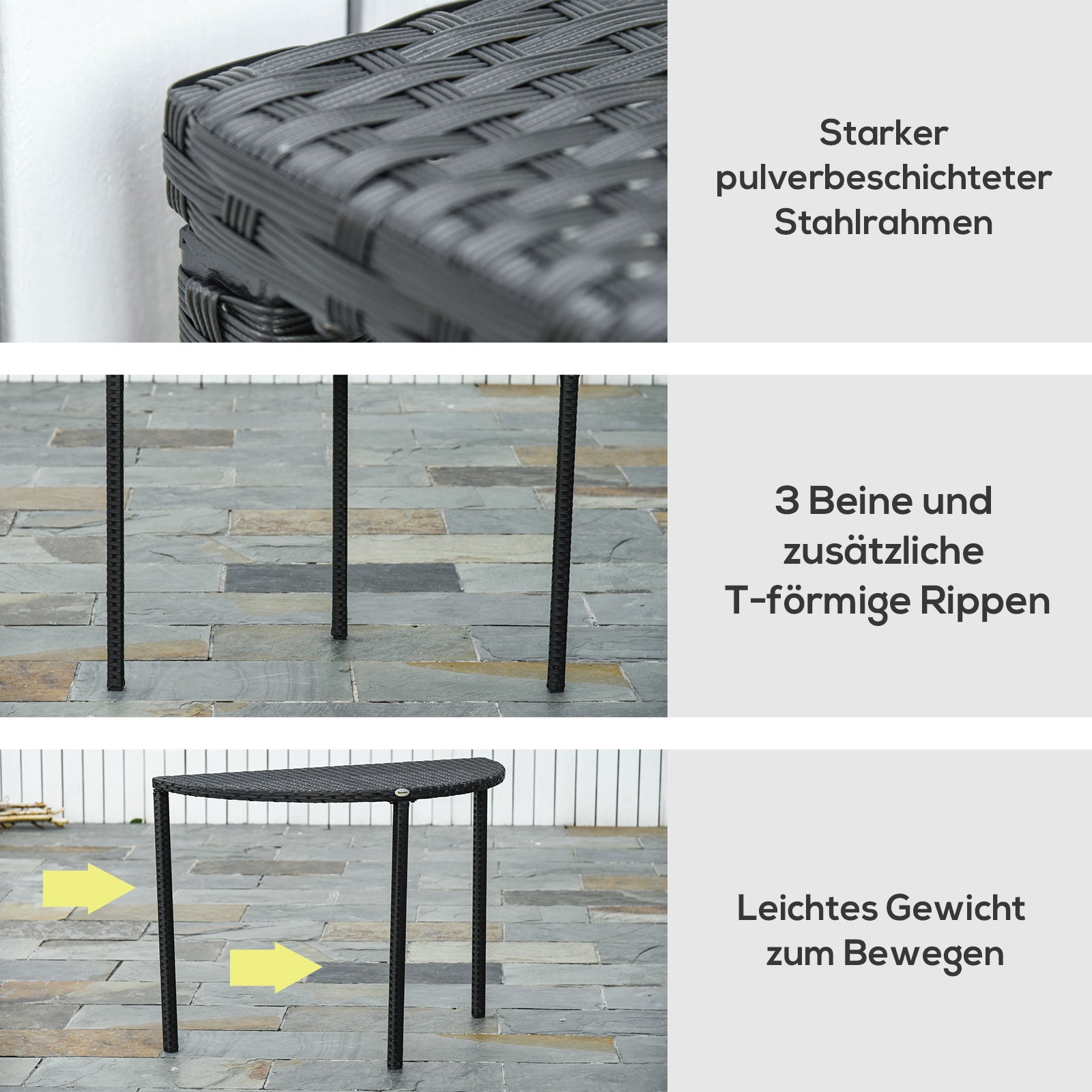 Semi-circular Balcony/Garden Side Table 100x50x74cm Polyrattan and Metal, Black