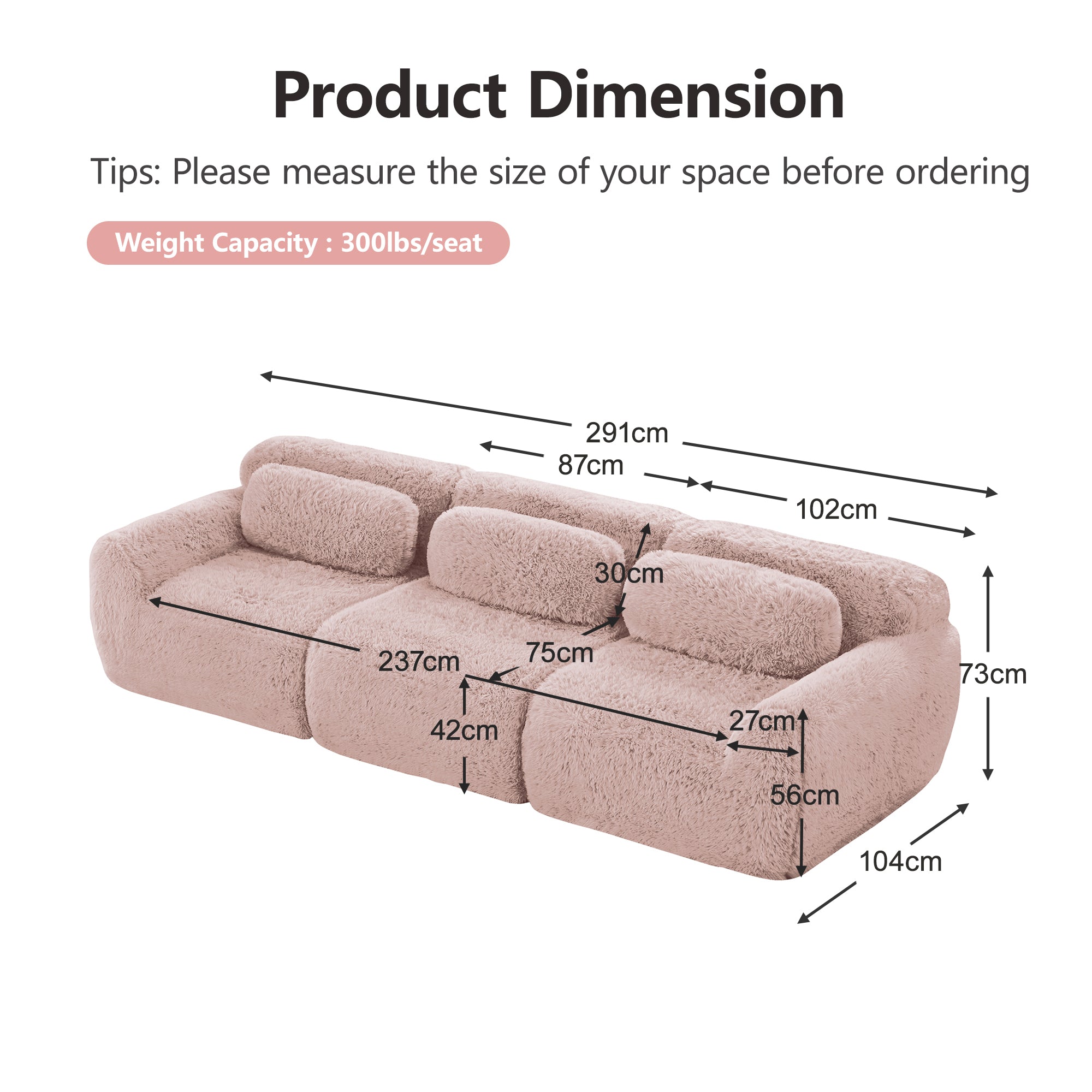 3-seater Deep Sofa Modular Plush Fabric with Cushions - Pink