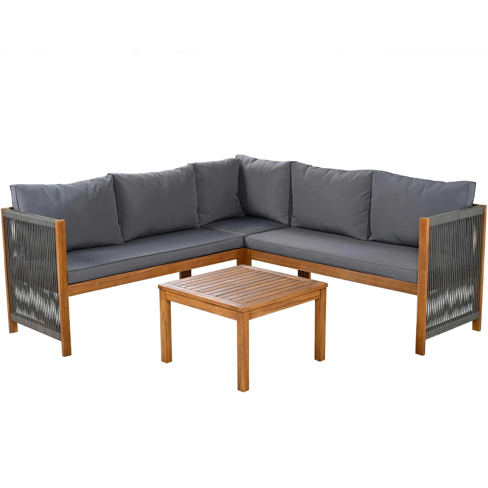 Garden Furniture Set with Corner Sofa and Acacia Wood Coffee Table, Grey