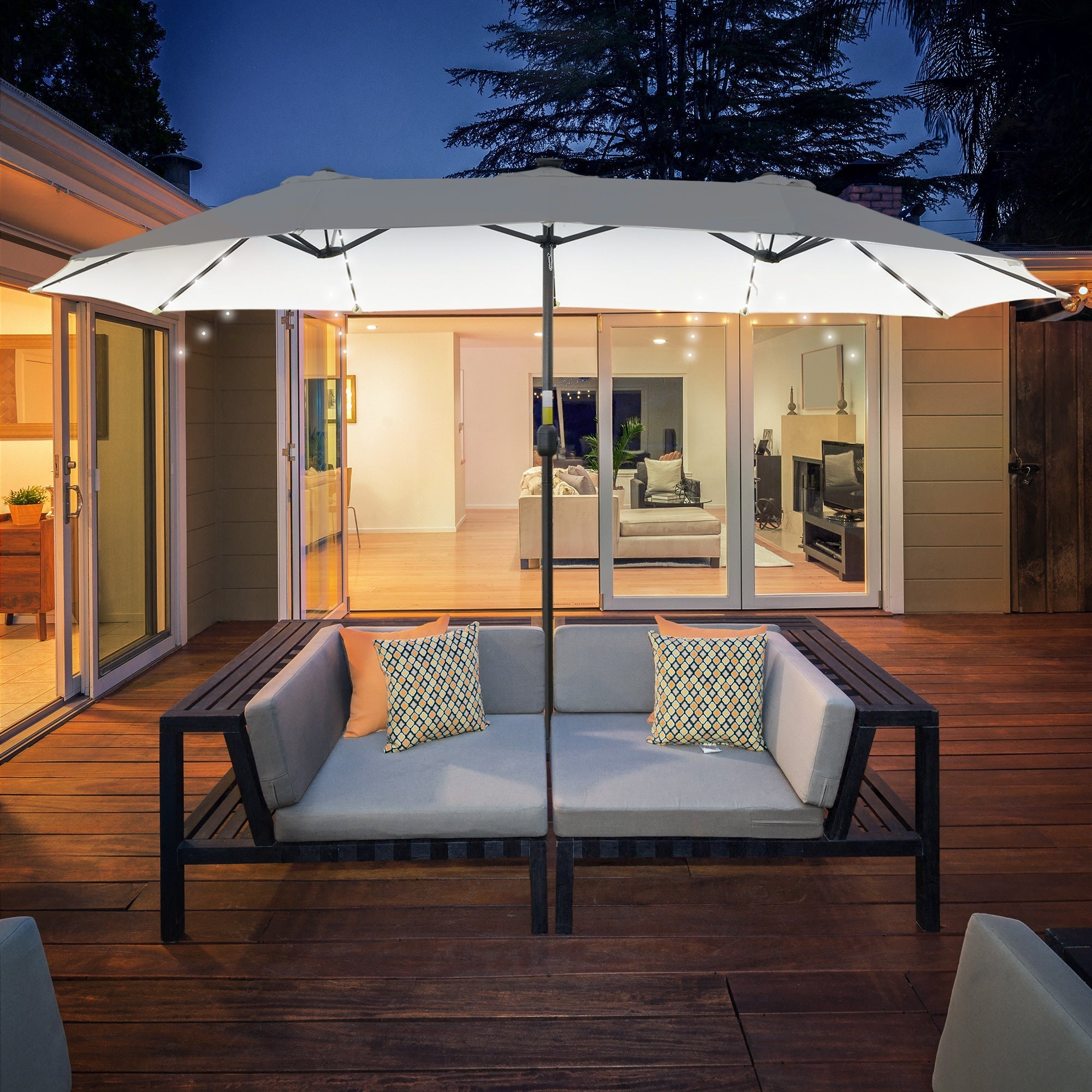 Parasol 4.5m Double Oval LED Solar Garden Patio Black/Cream White