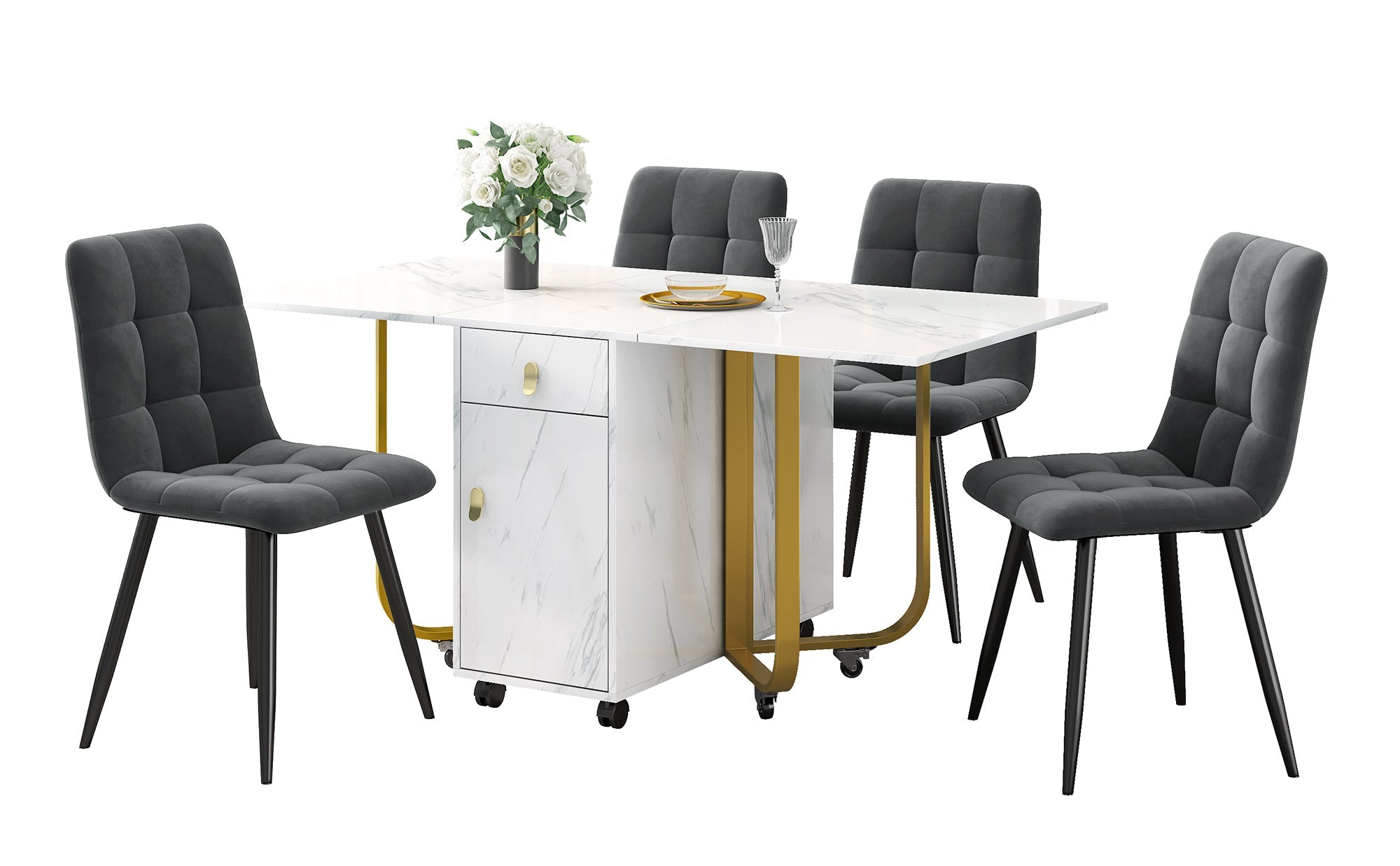 Dining Set, 150x80x76cm Folding Table, 4 Velvet Chairs, White MDF & Black Legs