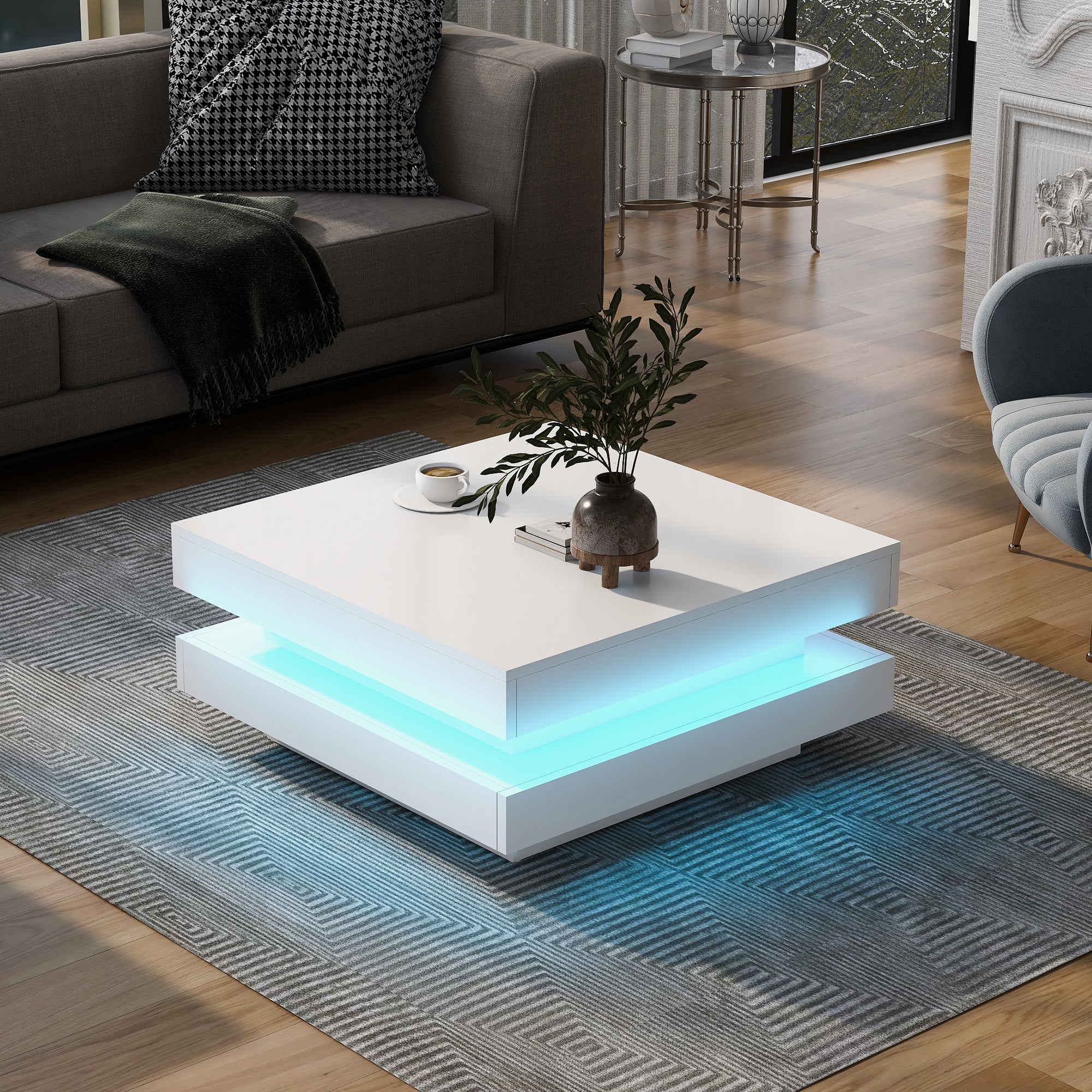 Modern Square Coffee Table with Rotating Top and LED Light, High-Gloss White