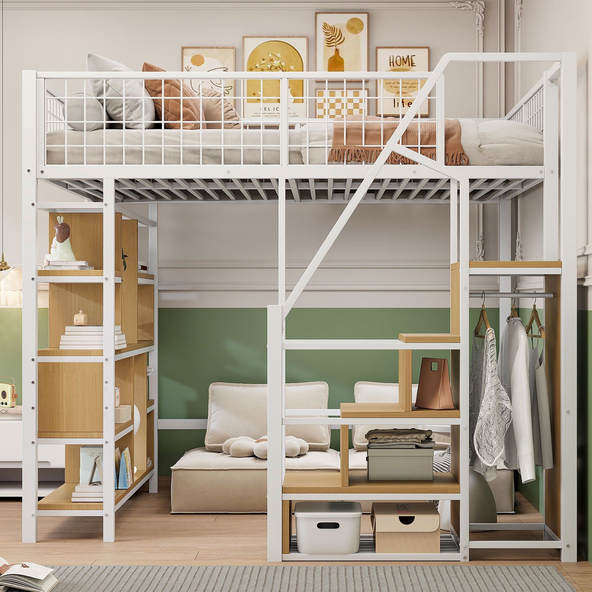Loft Bed 140x200cm Storage Shelves Stairs - White Metal