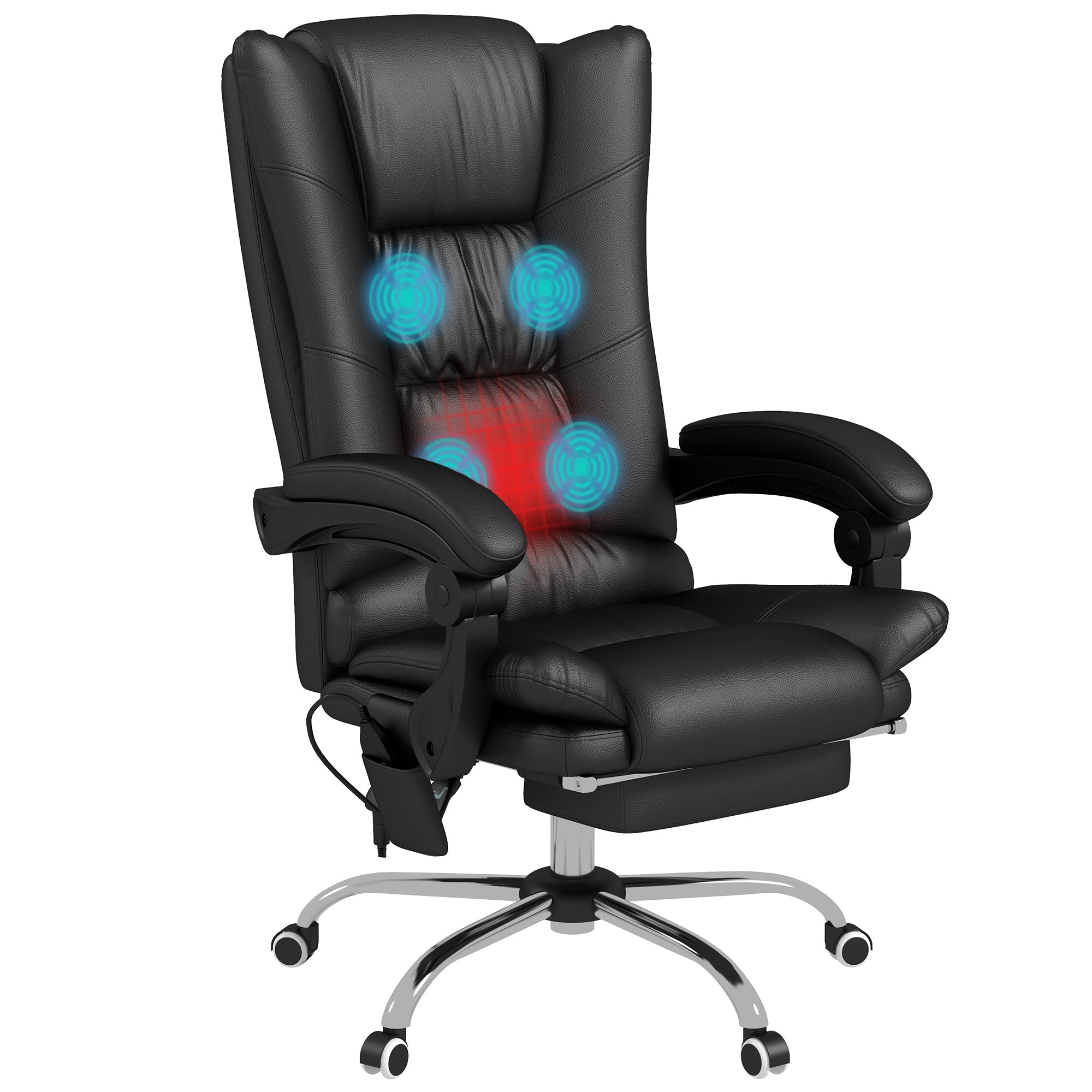 High Back Office Chair, Vibration Massage Heated Reclining 135° Footrest, PU Leather Black