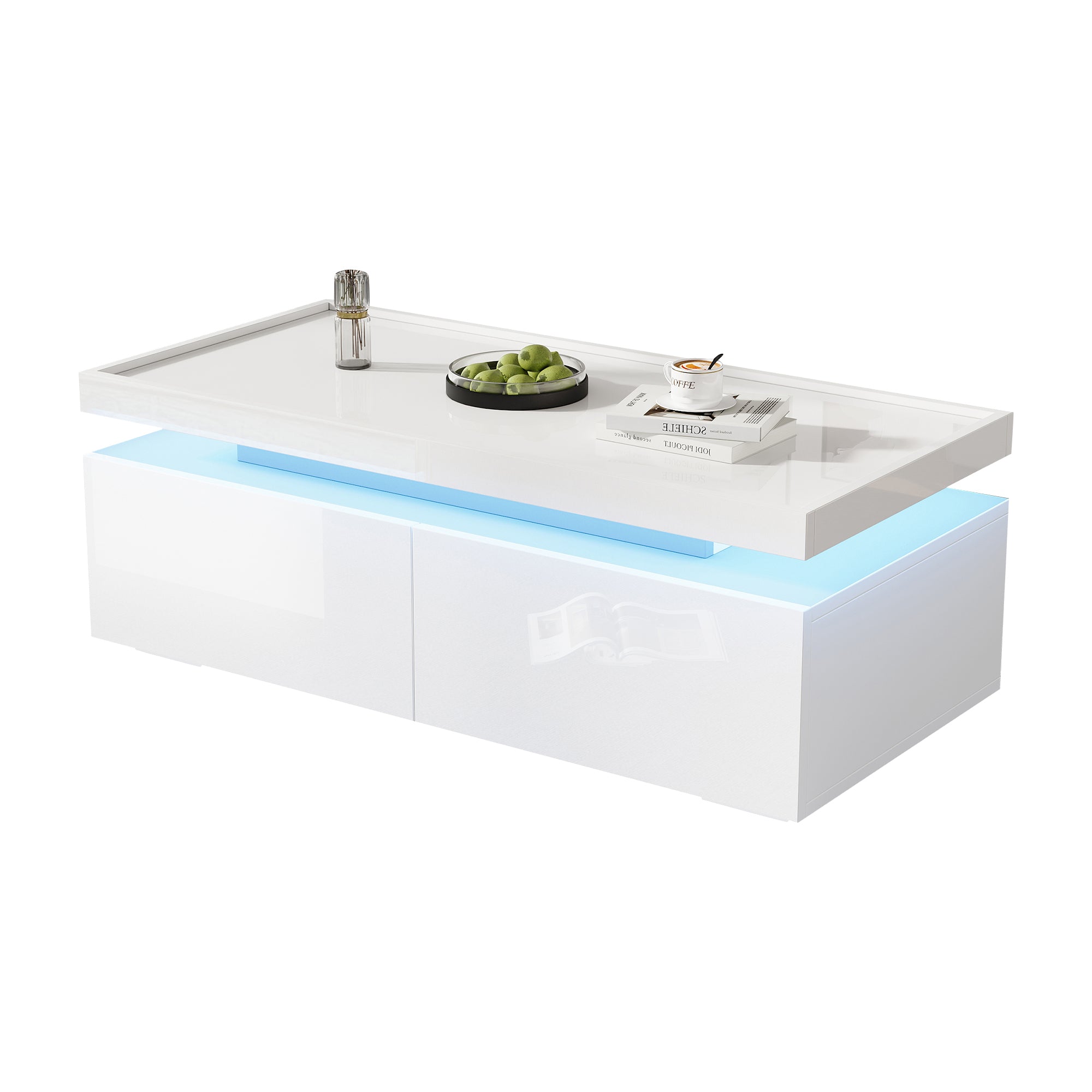 Coffee Table LED High-Gloss with 2 Drawers Geometric Design White
