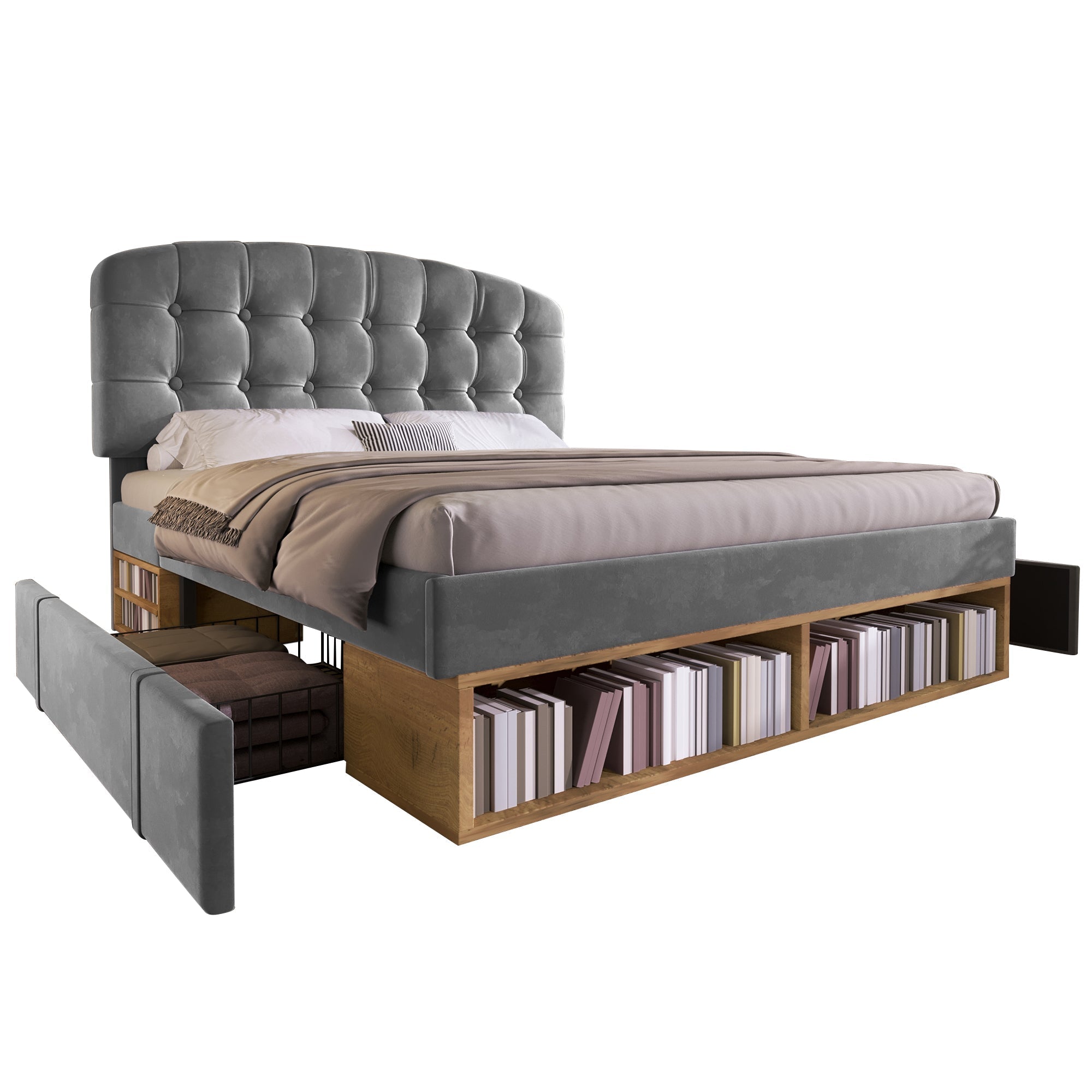 Upholstered Double Bed, 140x200cm with Storage Drawers and Adjustable Headboard, Grey Velvet