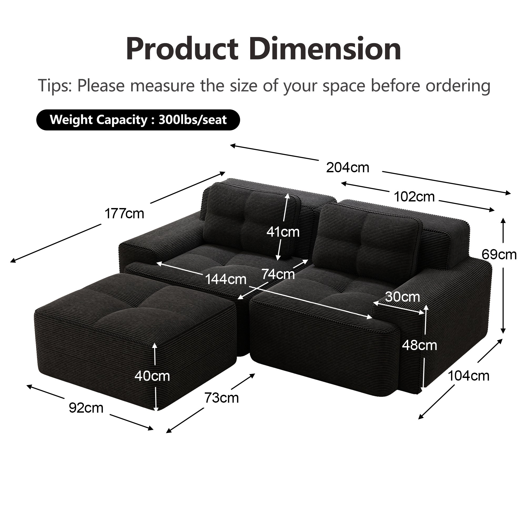 Boneless Modular Sofa L-Shaped Sleeper with Ottoman - Corduroy Black