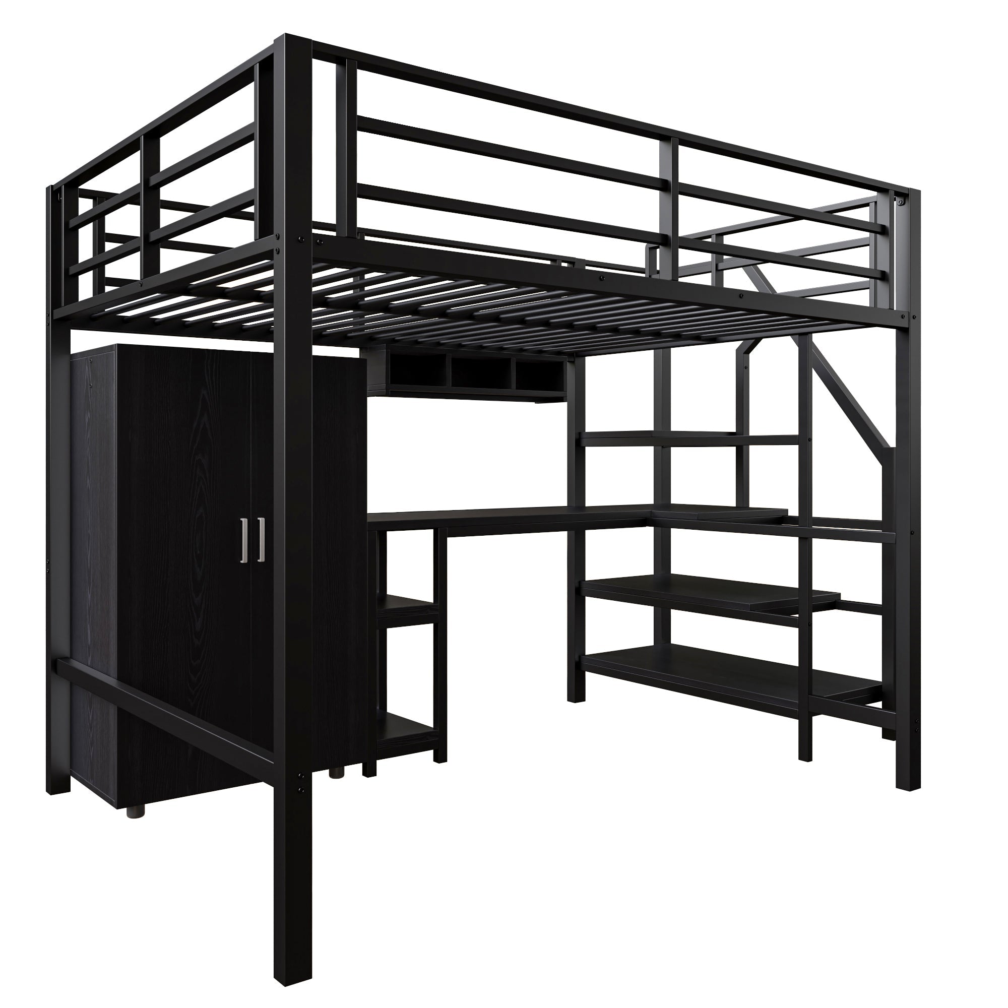 Loft Bed 140x200cm Wardrobe Shelves Storage Ladder Desk, Black