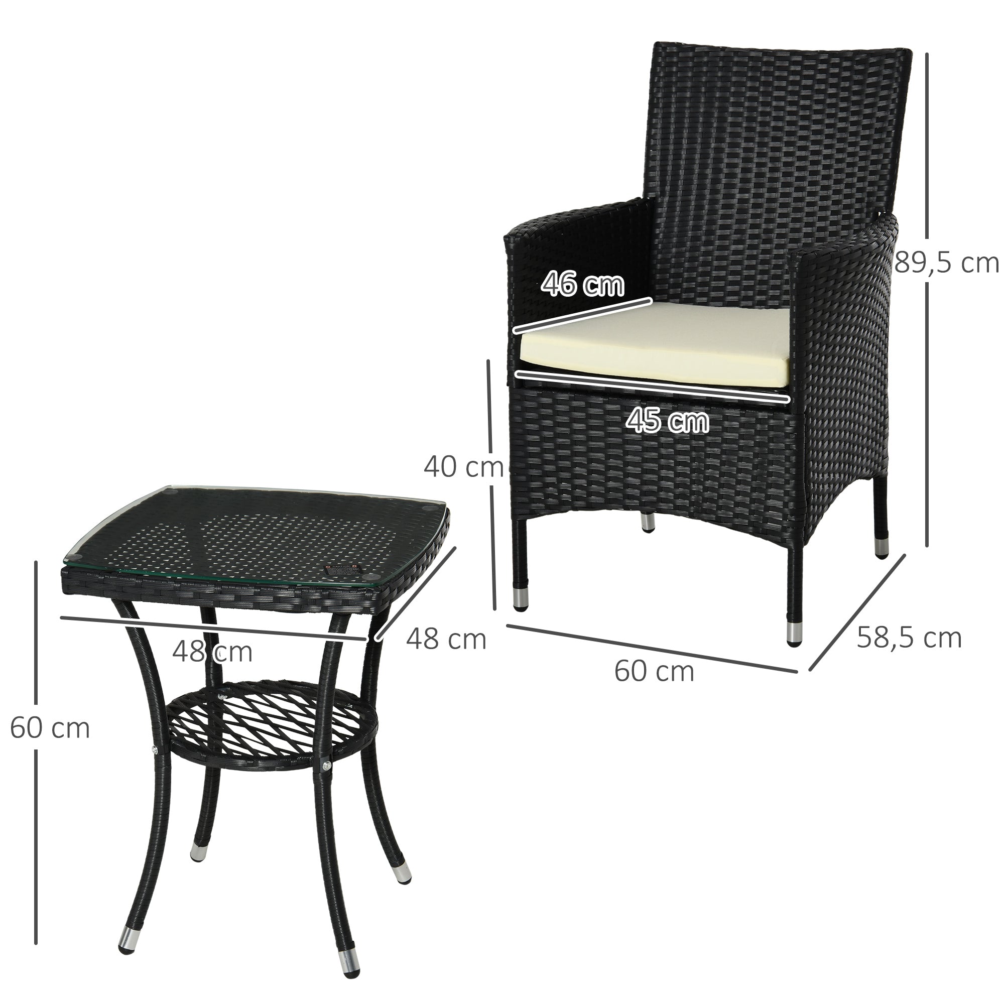 3 Pieces Rattan Bistro Set, 2-Tier Coffee Table and Chairs with Cushions, Black