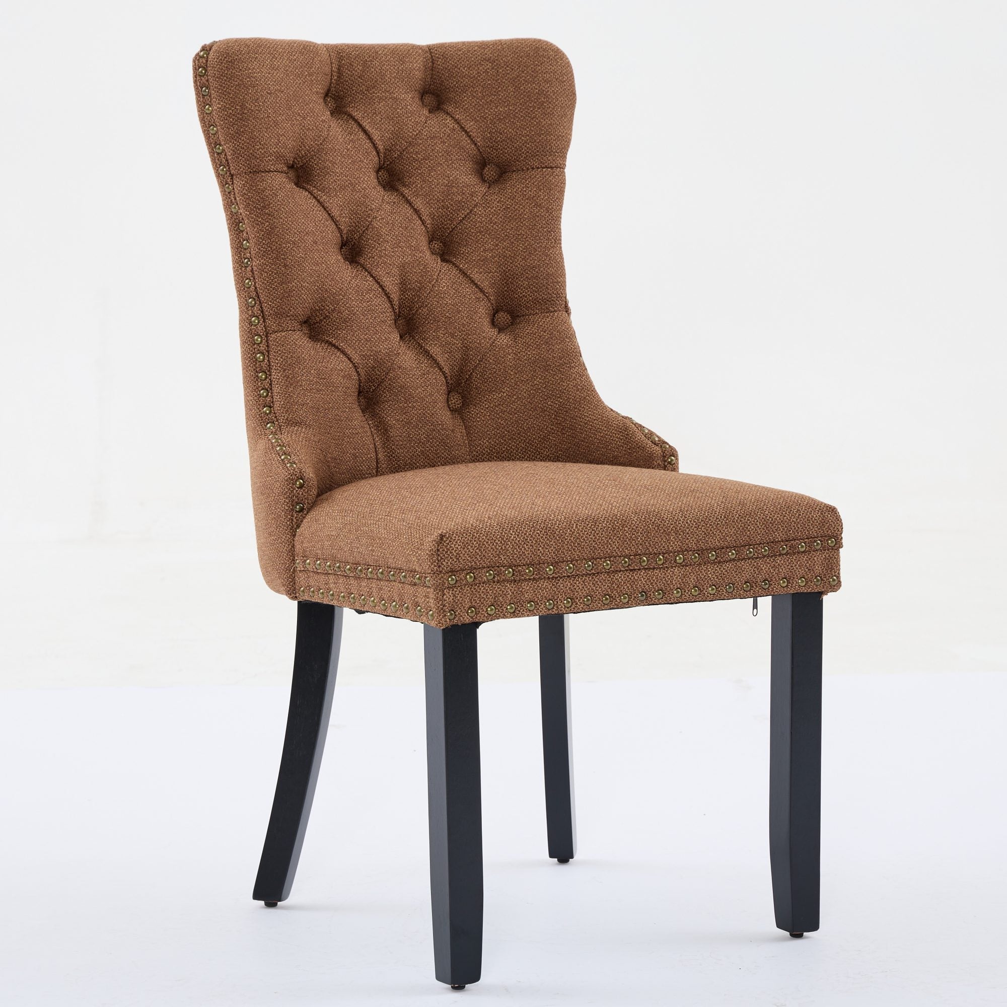 Nikki Collection Tufted Linen Dining Chair Solid Wood Nailhead Trim 2-Pcs Set - Coffee Color