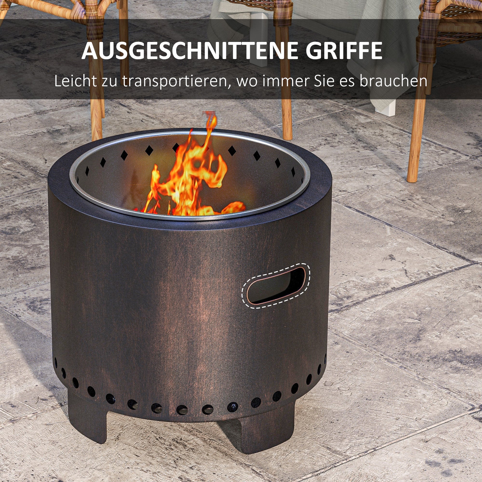 Fire bowl smoke-free table fire pit with handle and poker, metal black