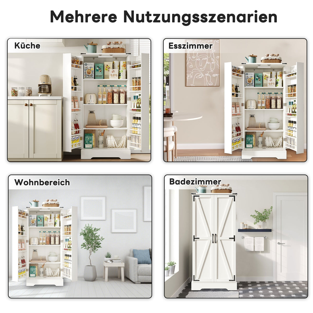 Pantry Cabinet 128.5cm Farmhouse LED 2 Doors Adjustable Shelves - White