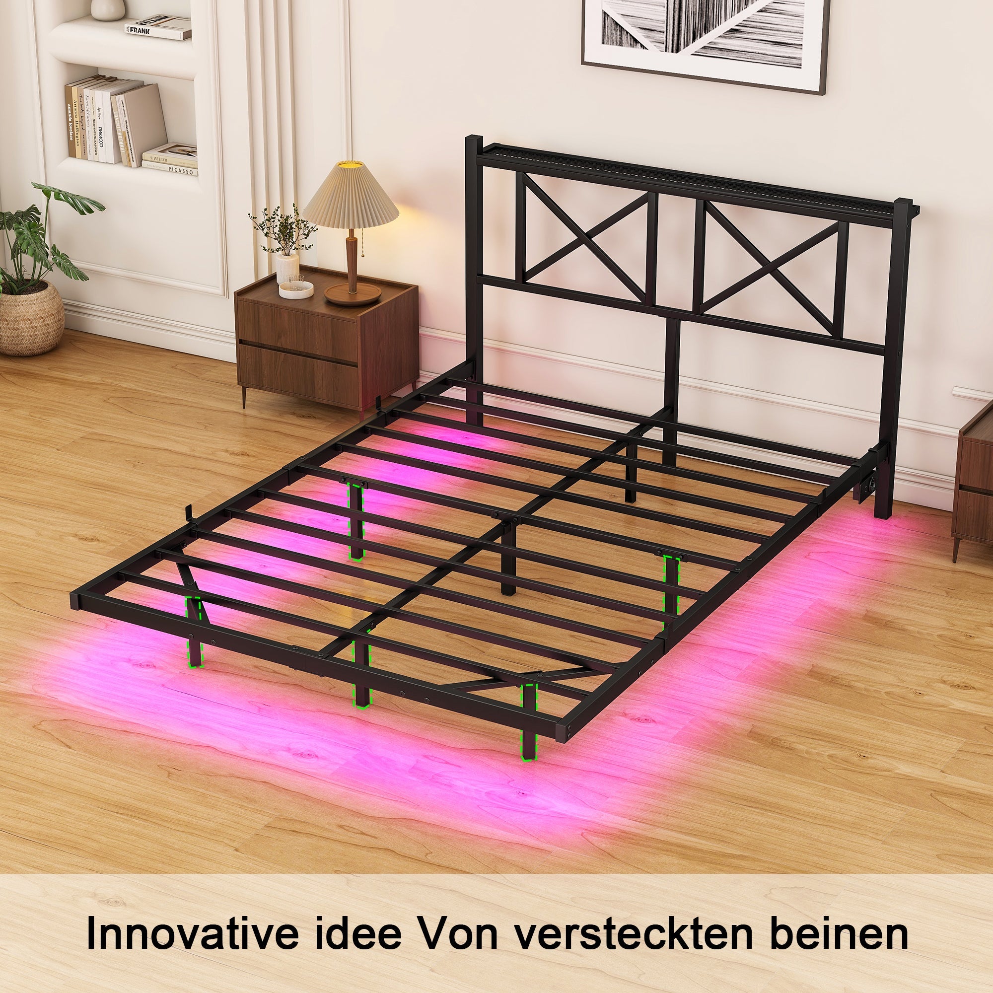 Double Bed Frame 120x200cm LED Charging Station Floating Design - Metal