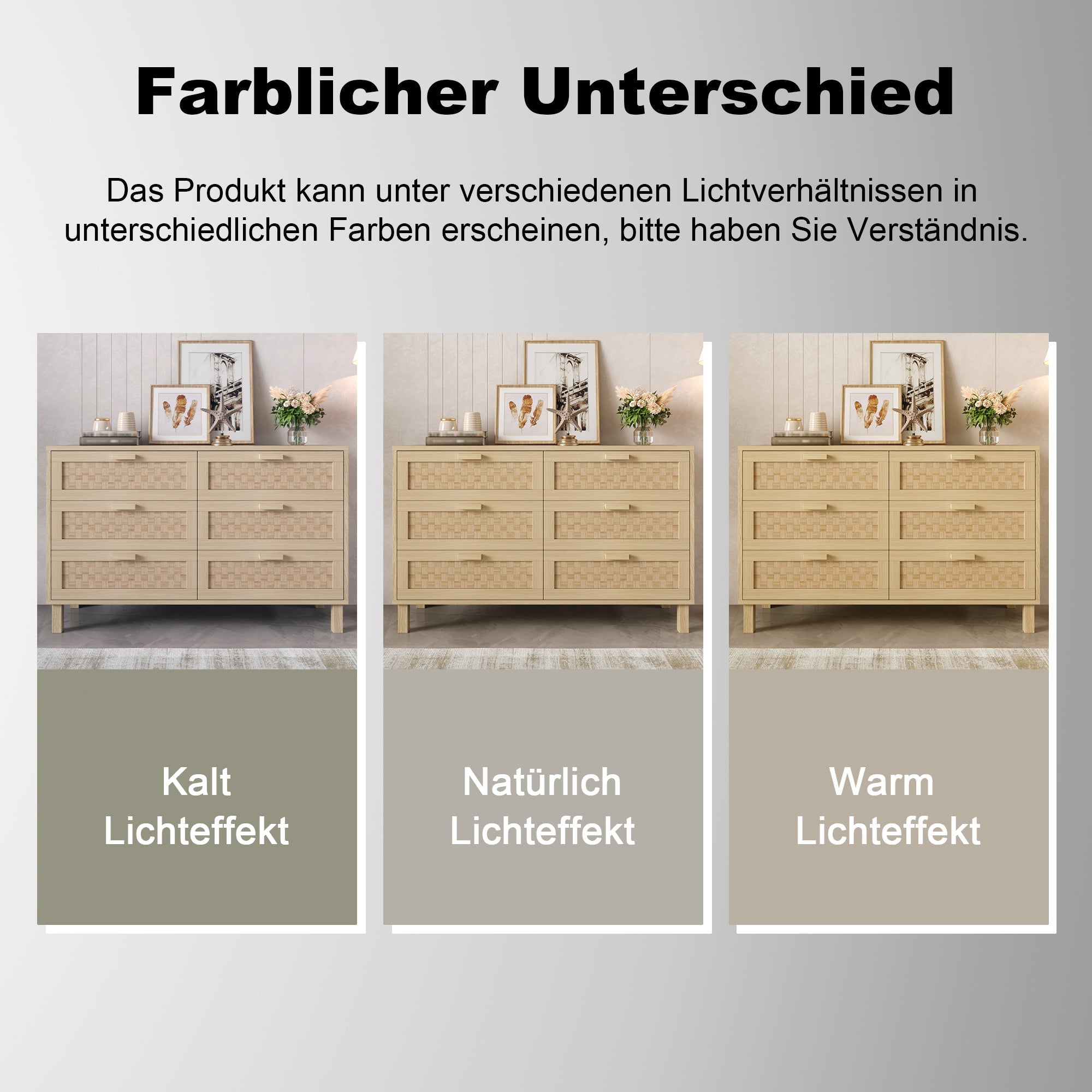 Sideboard & Chest of Drawers, 6-Drawer Rattan Look, Natural Wood