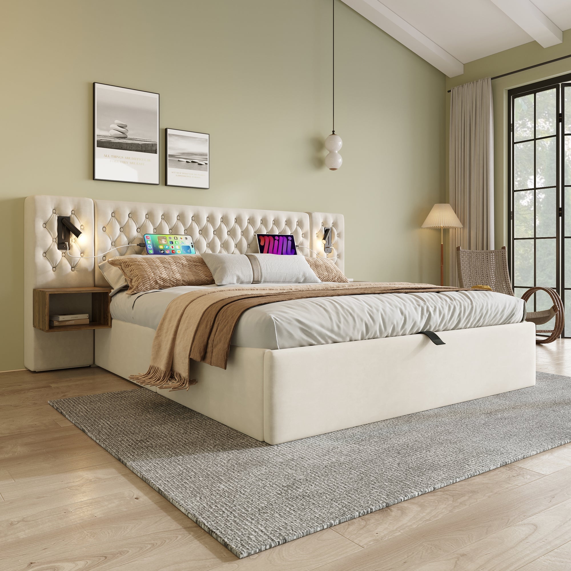 Bedroom Complete Set, Upholstered Hydraulic Storage Bed 160×200 cm, 2 Bedside Tables, Headboard Reading Light with USB Charging, Beige Velvet