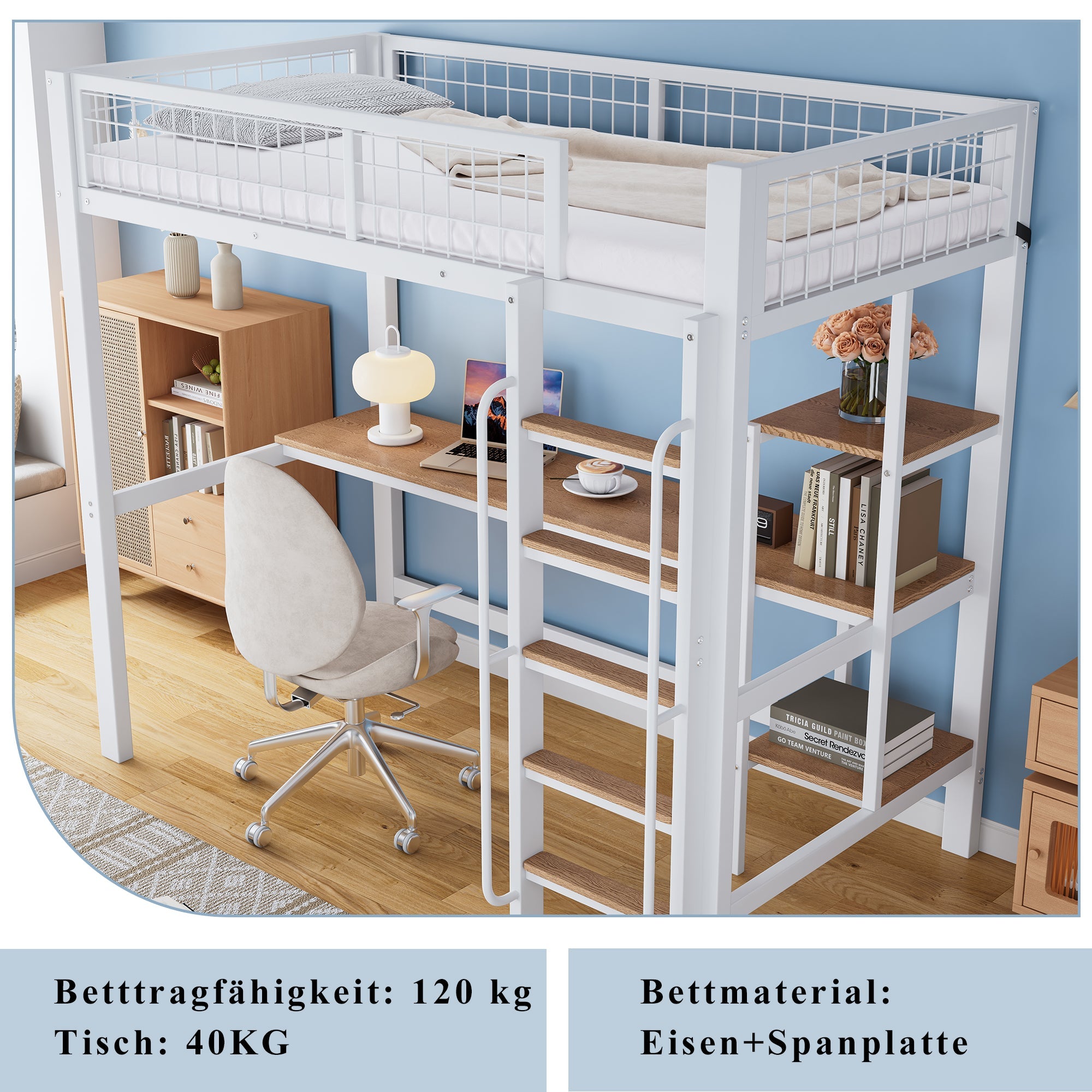 Iron Frame Bunk Bed with Table, Shelves, Ladder, Rail, 90x200cm, White + Natural Iron + MDF