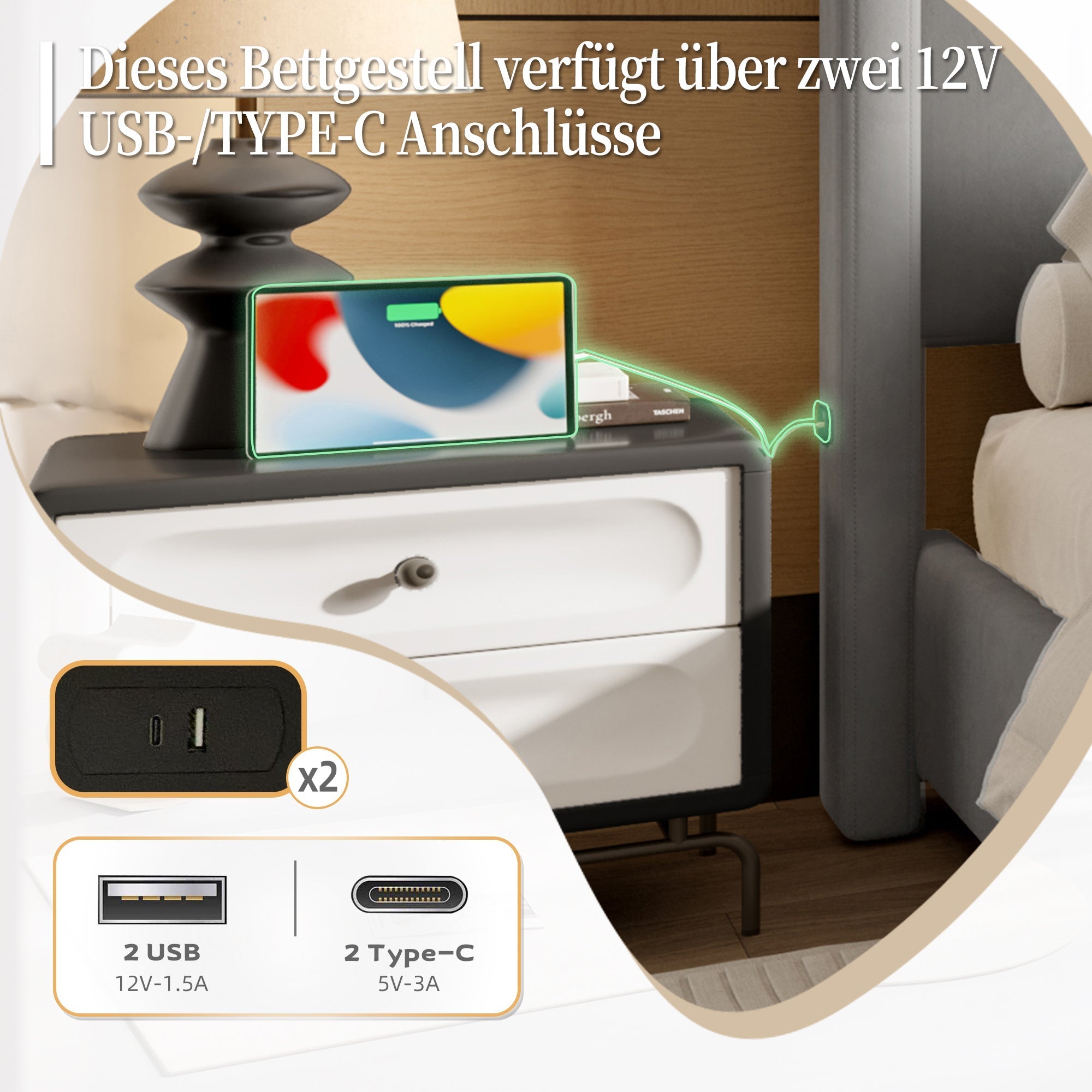 Upholstered Bed Frame, 160x200cm Modern with USB Port, Iron & Wood, Grey